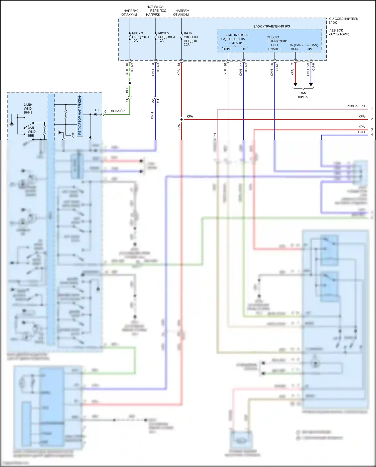 Carnival Kia IV рестайлинг (2023-2024): Электросхема стеклоподъемников, с фронтальным авто вверх/вниз и стеклоподъемниками безопасности (1 из 2) 