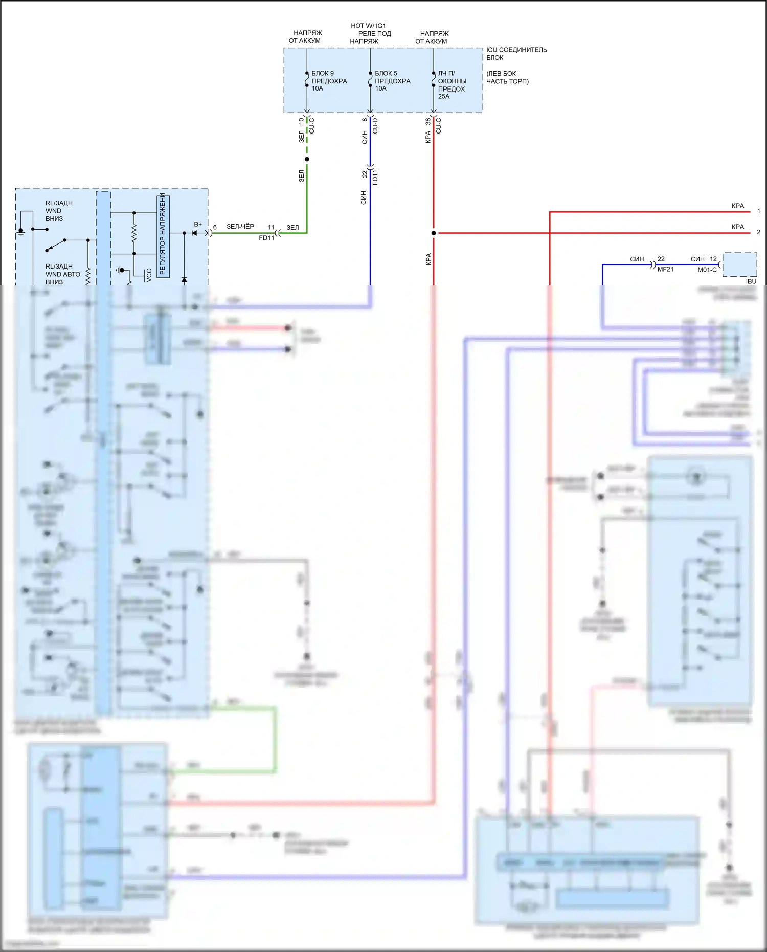 Carnival Kia IV рестайлинг (2023-2024): Электросхема стеклоподъемников, с передними/задними автоматическими стеклоподъемниками и защитными стеклоподъемниками (1 из 2) 
