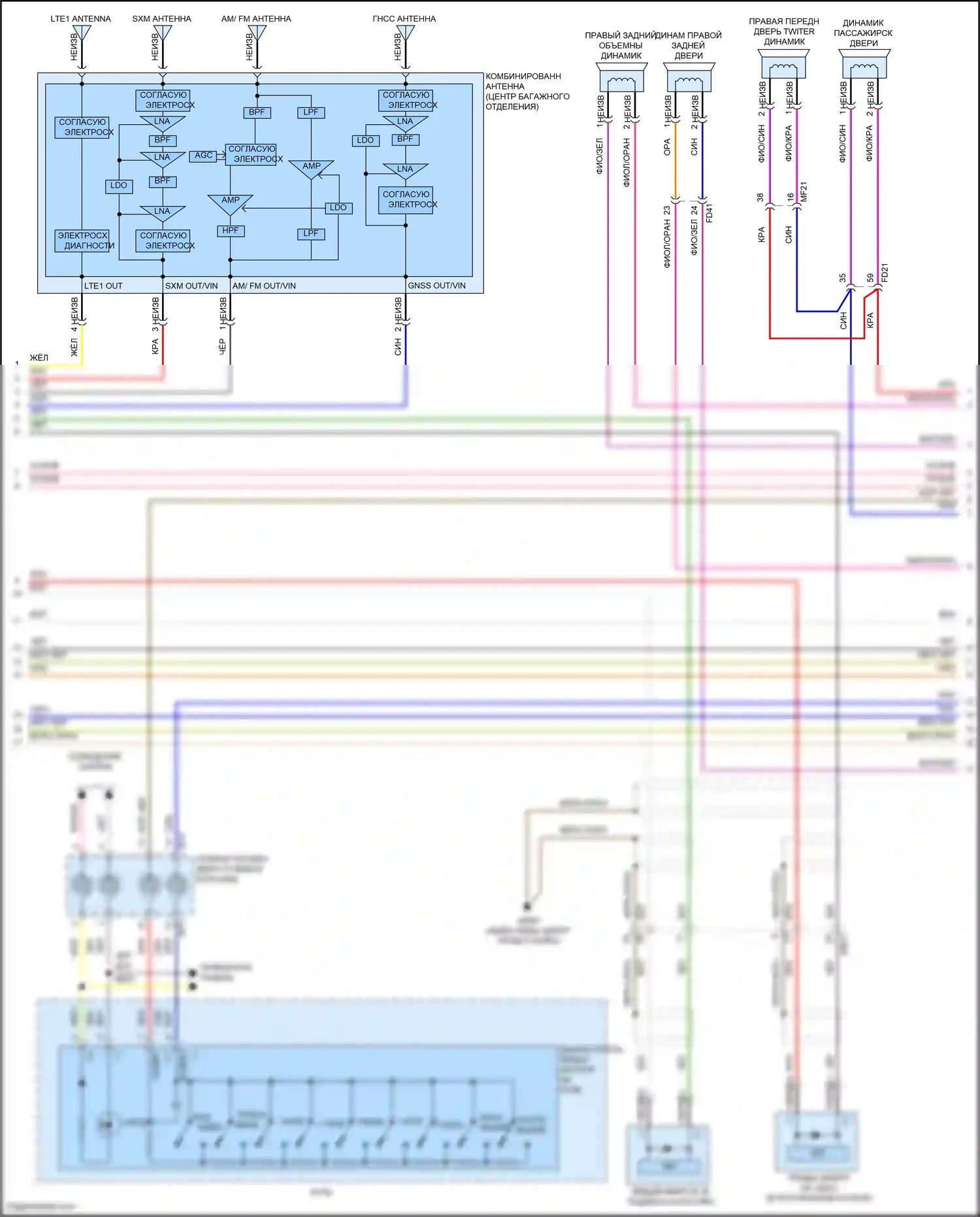 Carnival Kia IV (2020-2024): Электросхема радиопровода, без навигации, с усилителем (2 из 4) 