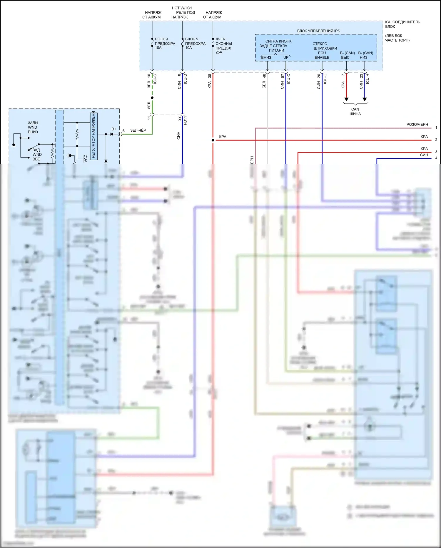Carnival Kia IV (2020-2024): Электросхема стеклоподъемников, с фронтальным авто вверх/вниз и стеклоподъемниками безопасности (1 из 2) 