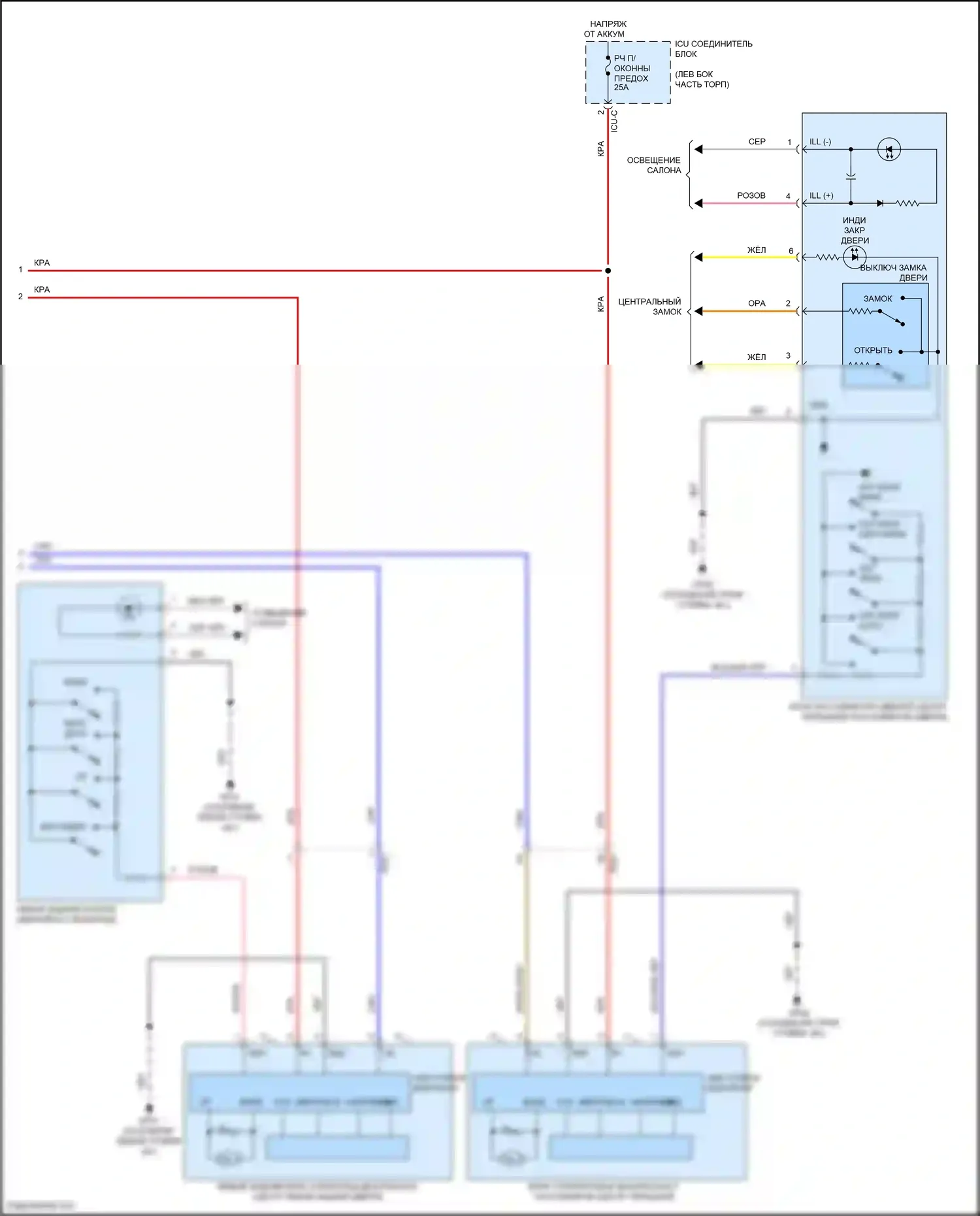Carnival Kia IV (2020-2024): Электросхема стеклоподъемников, с передним/задним авто вверх/вниз и стеклоподъемниками безопасности (2 из 2) 