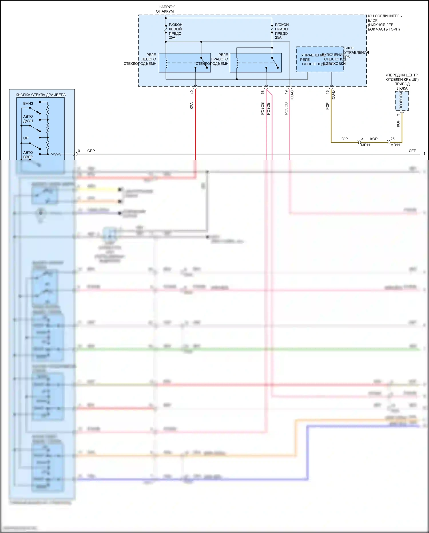 Cerato Kia IV рестайлинг (2021-2024): Электросхема стеклоподъемников, с автоматическим включением/выключением драйвера и стеклоподъемниками безопасности (1 из 2) 