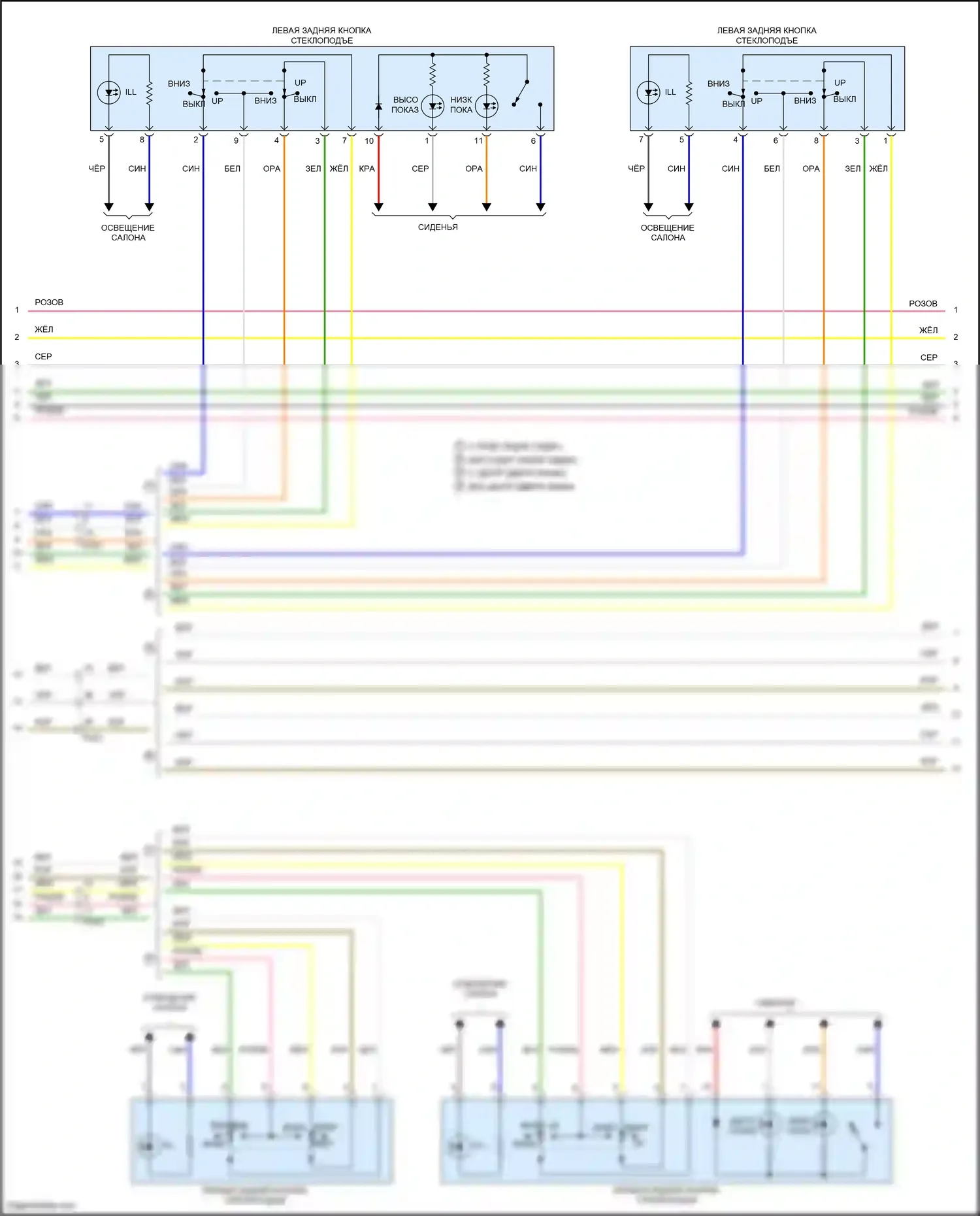 Forte Kia II (2013-2016): Электросхема стеклоподъемников, с задней и передней панелью, с автоматическим открыванием/опусканием стеклоподъемника (2 из 3) 