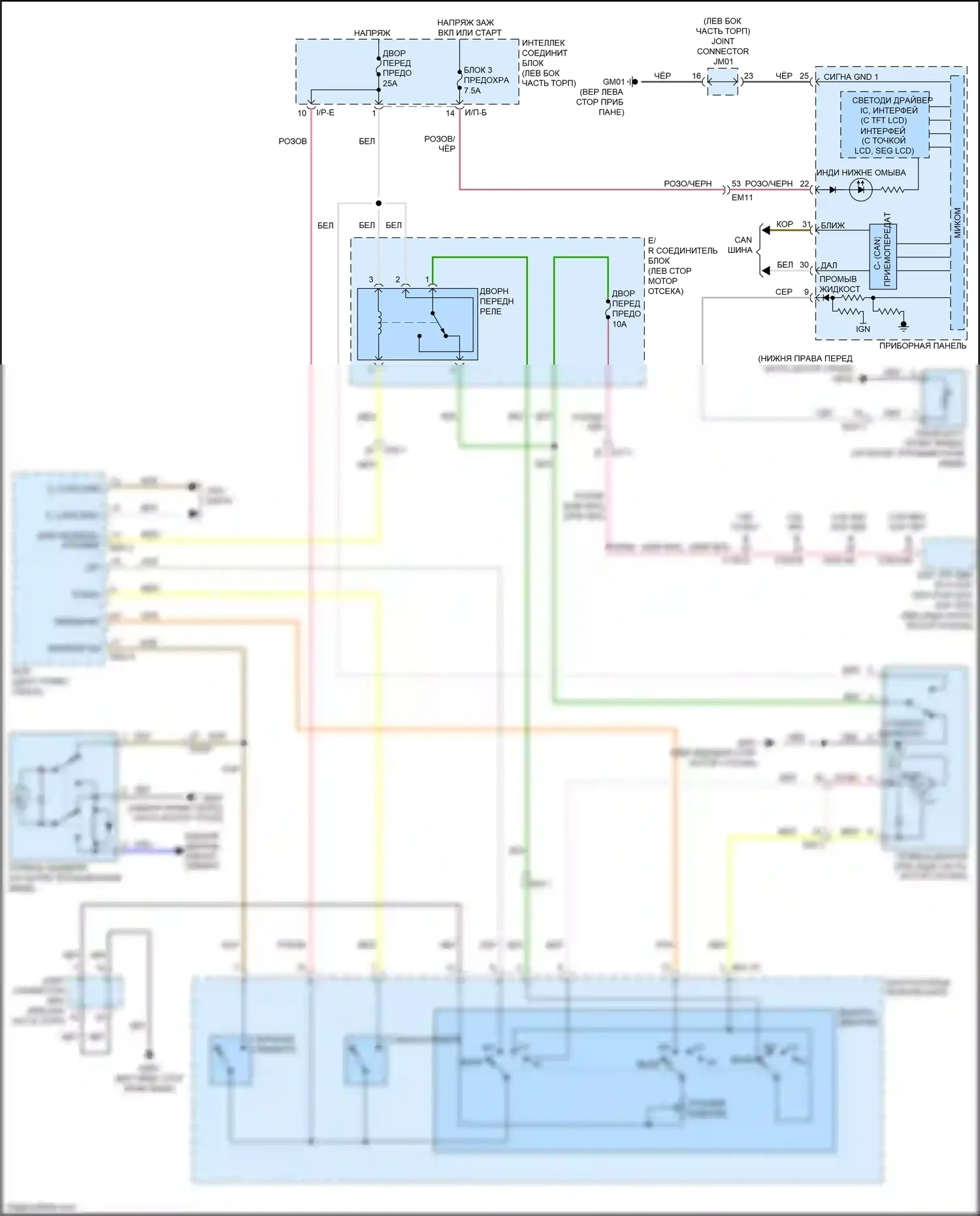 K3 Kia I рестайлинг (2015-2018): Электросхема передних дворников и омывателей 