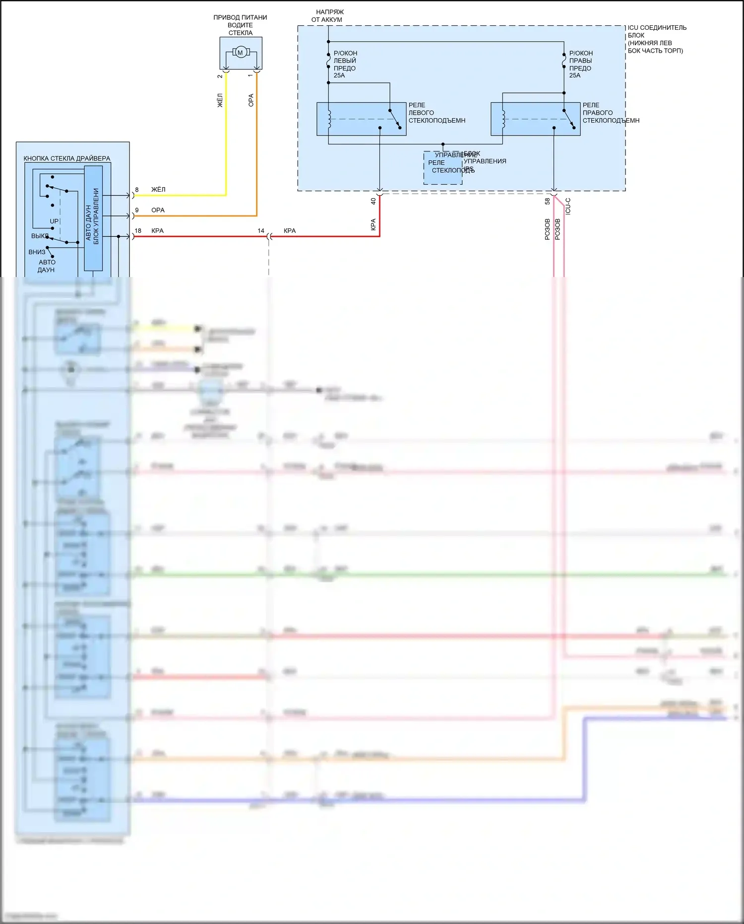 K3 Kia II рестайлинг (2021-2024): Электросхема стеклоподъемников, с драйвером авто вниз стеклоподъемник (1 из 2) 