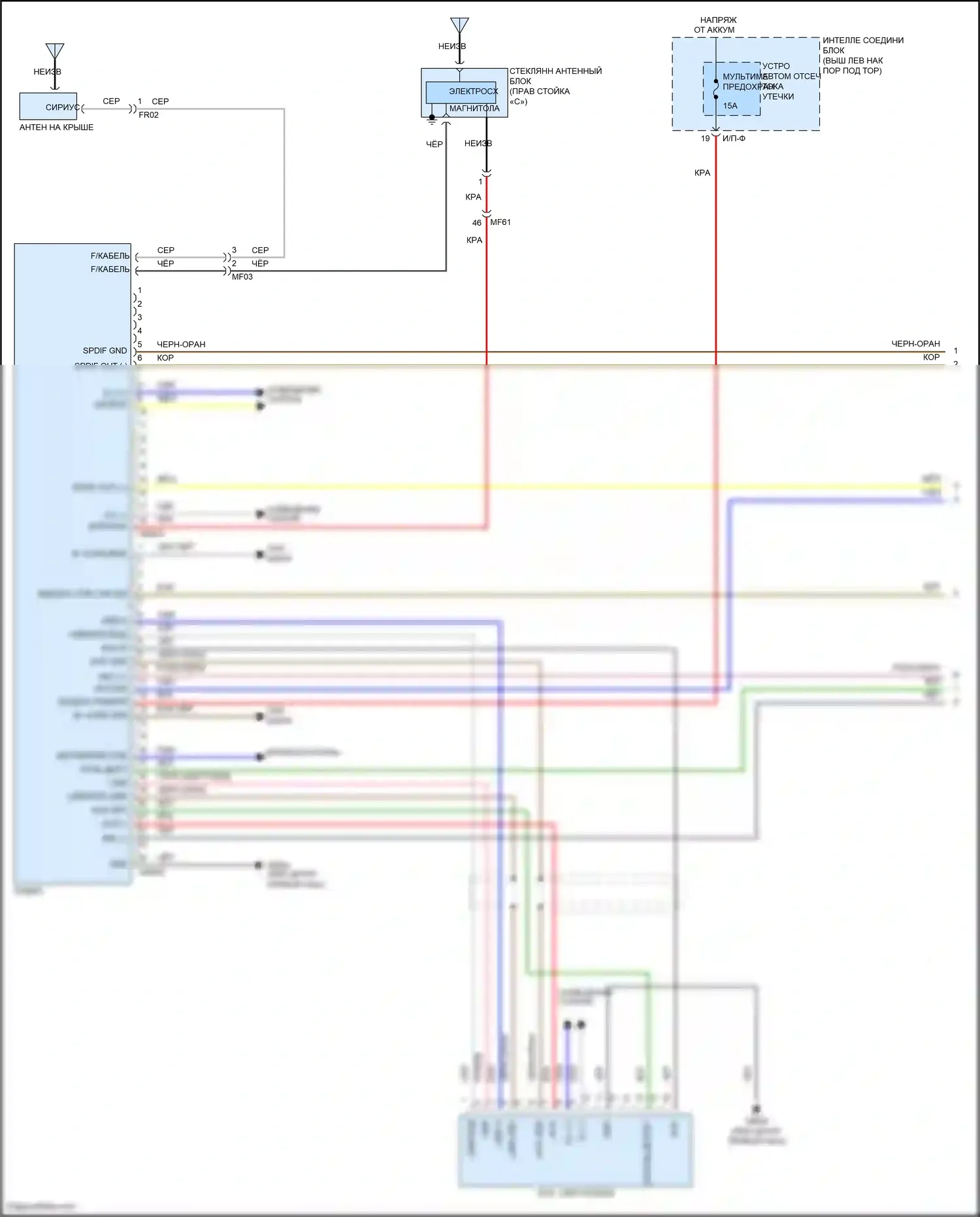 K5 Kia I рестайлинг (2013-2015): Электросхема радиопровода, без навигации, без уво, с усилителем (1 из 3) 