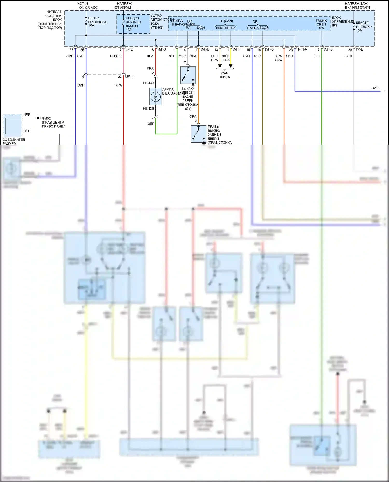 K5 Kia I рестайлинг (2013-2015): Электросхема освещения салона, кроме гибридной (1 из 2) 
