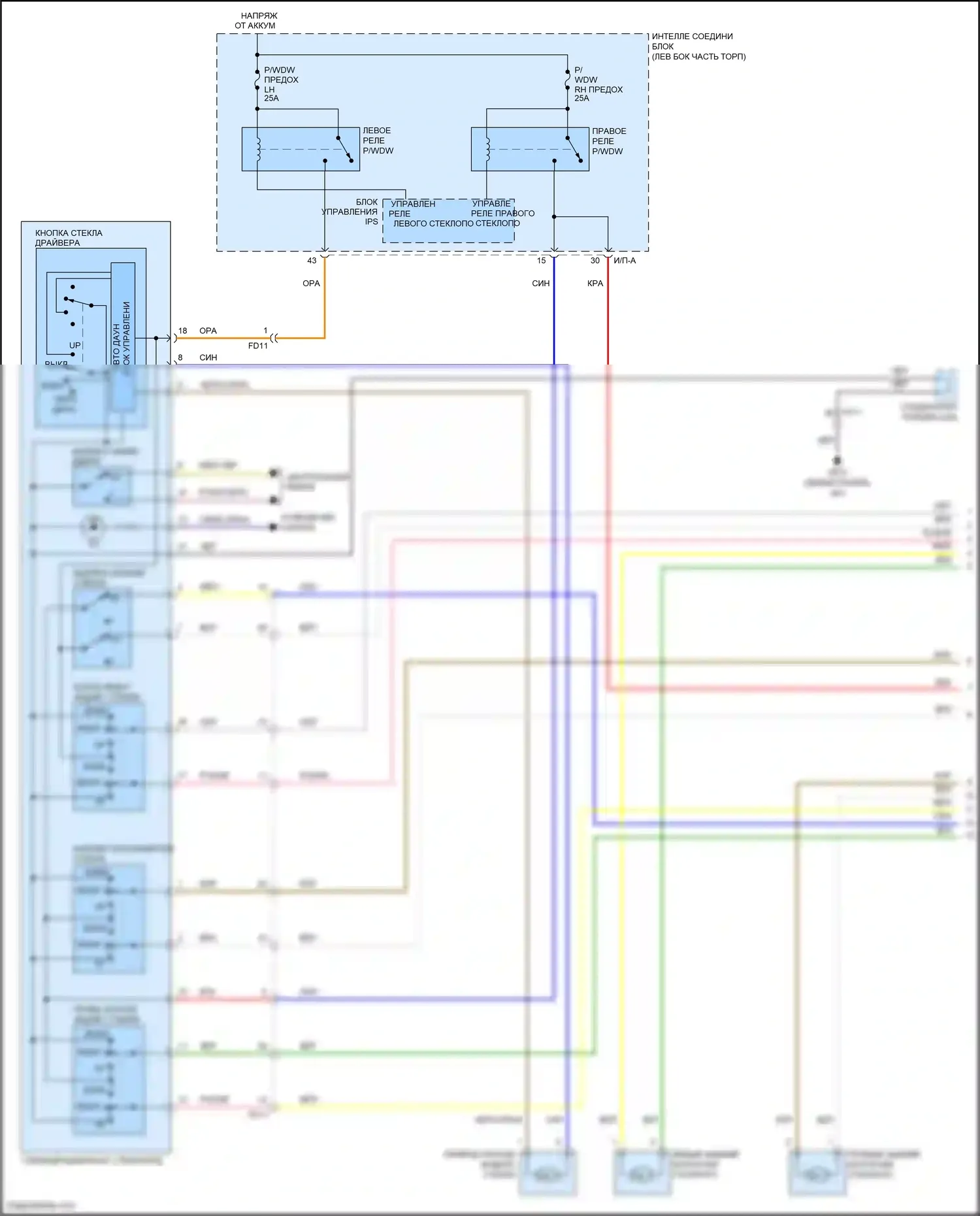K5 Kia I рестайлинг (2013-2015): Электросхема стёкол питания, без автоматического включения/выключения стекла питания (1 из 2) 