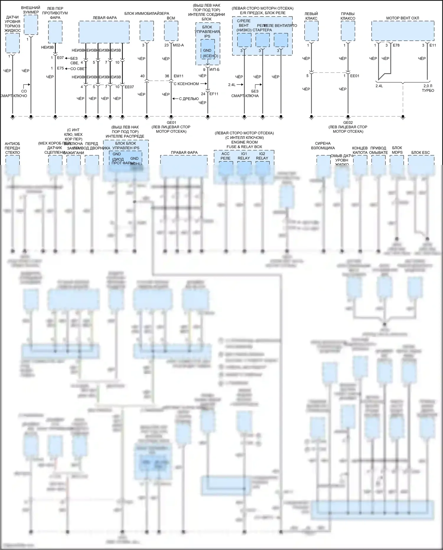 K5 Kia I рестайлинг (2013-2015): Электросхема точек подключения масс, за исключением гибридной (2 из 3) 