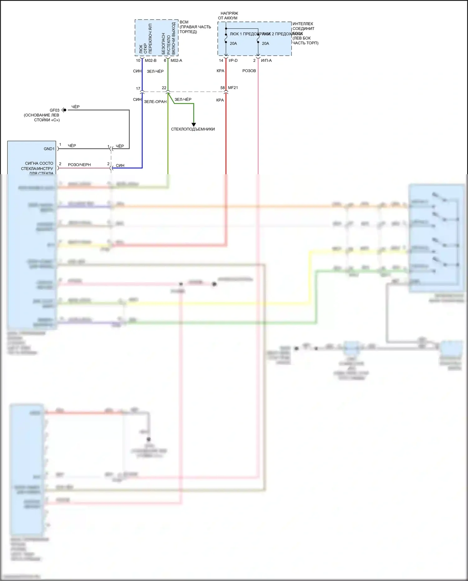K5 Kia II (2015-2020): Электросхема складной крыши/люка, за исключением гибридной 