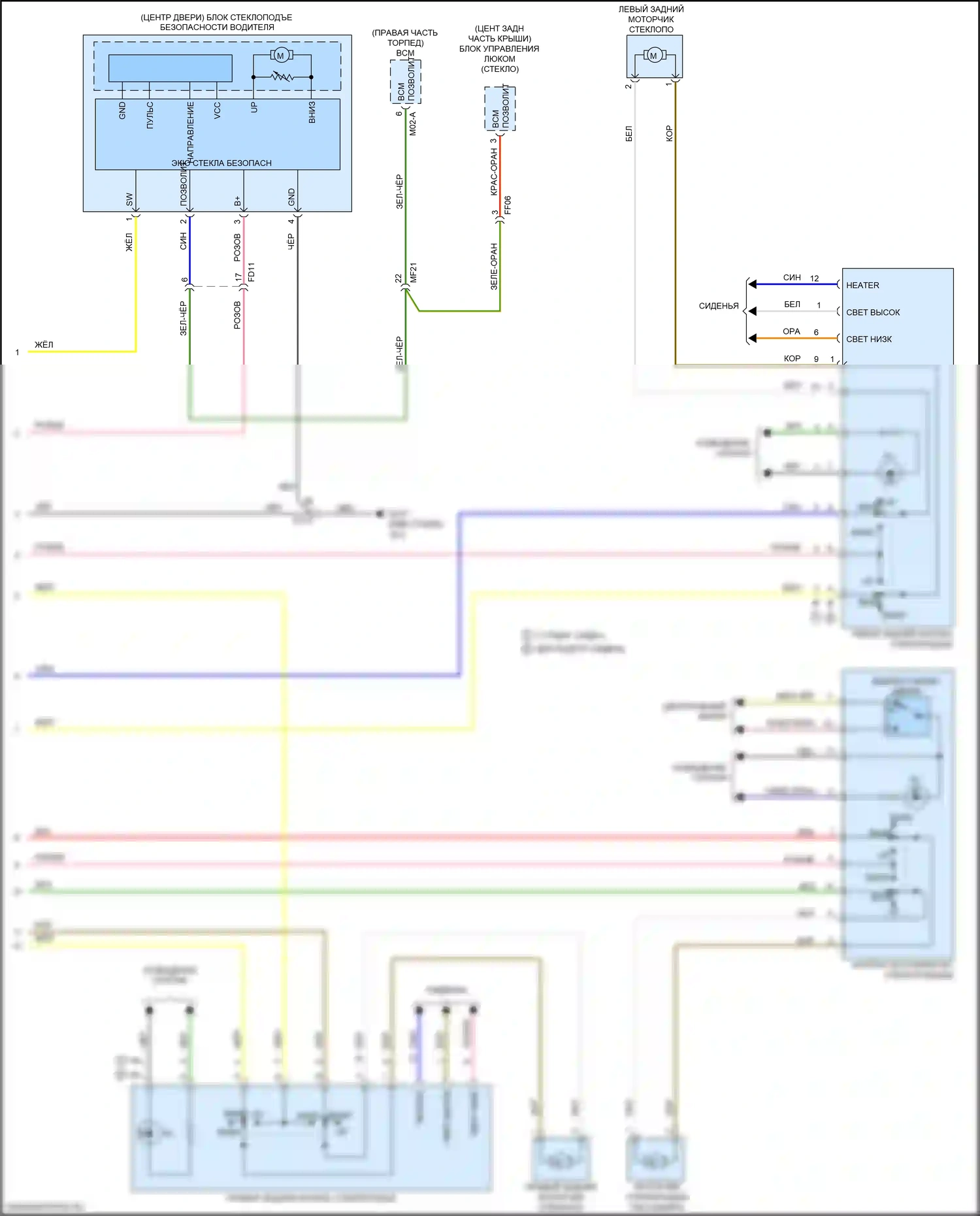 K5 Kia II (2015-2020): Электросхема стеклоподъемников, за исключением гибридного без имс, с автоматическим включением/выключением водителя и стеклоподъемниками безопасности (2 из 2) 