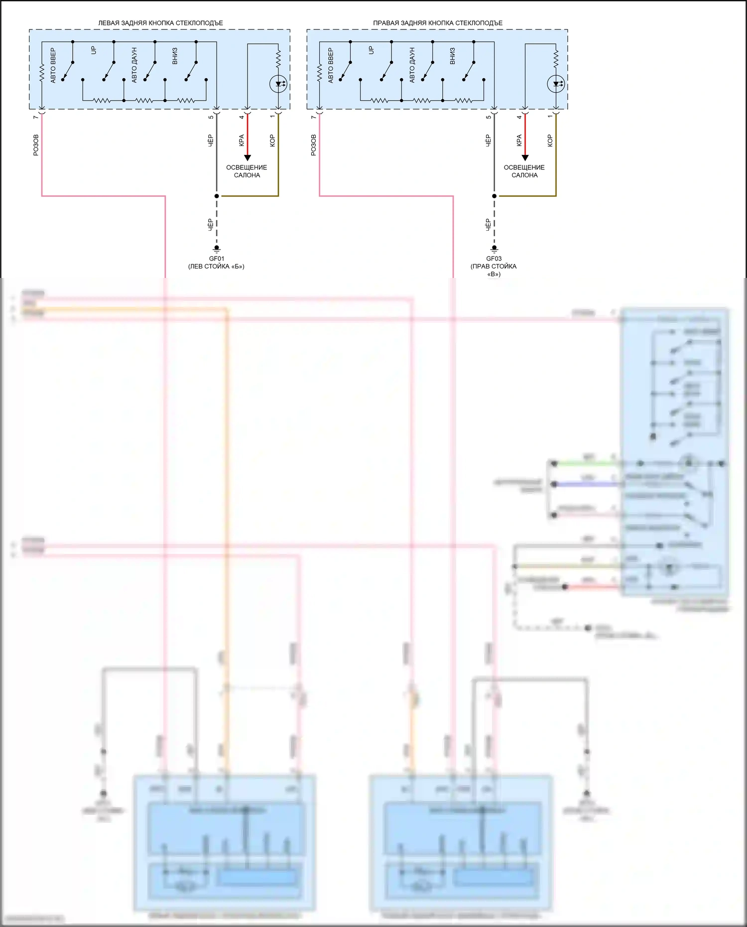 K5 Kia III рестайлинг (2023-2024): Электросхема стеклоподъемников, с автоматическими стеклоподъемниками водителя/пассажира/заднего сиденья и стеклоподъемниками безопасности (2 из 2) 