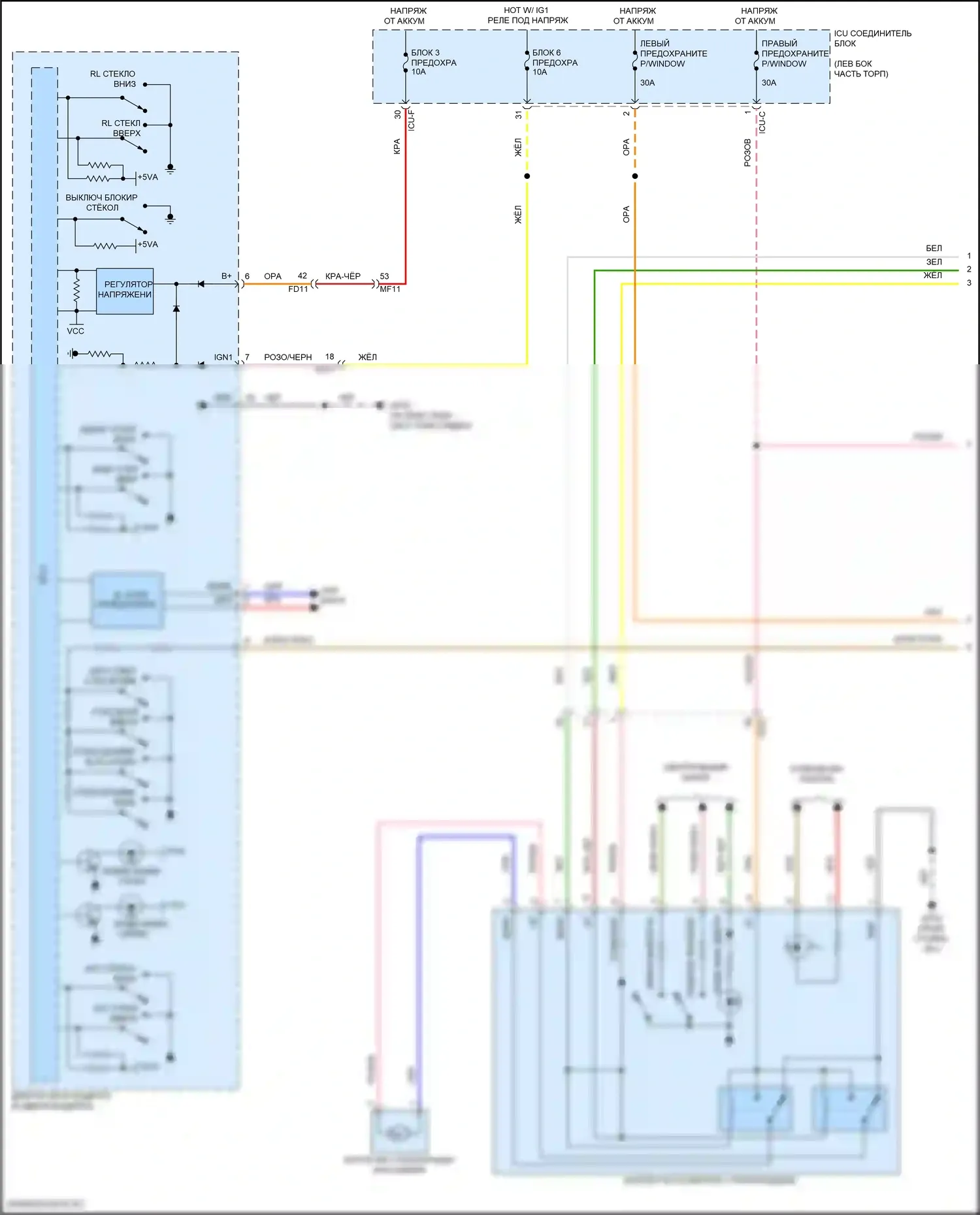 K5 Kia III (2019-2023): Электросхема стеклоподъемников, с автоматическим включением/выключением драйвера и стеклоподъемниками безопасности (1 из 2) 