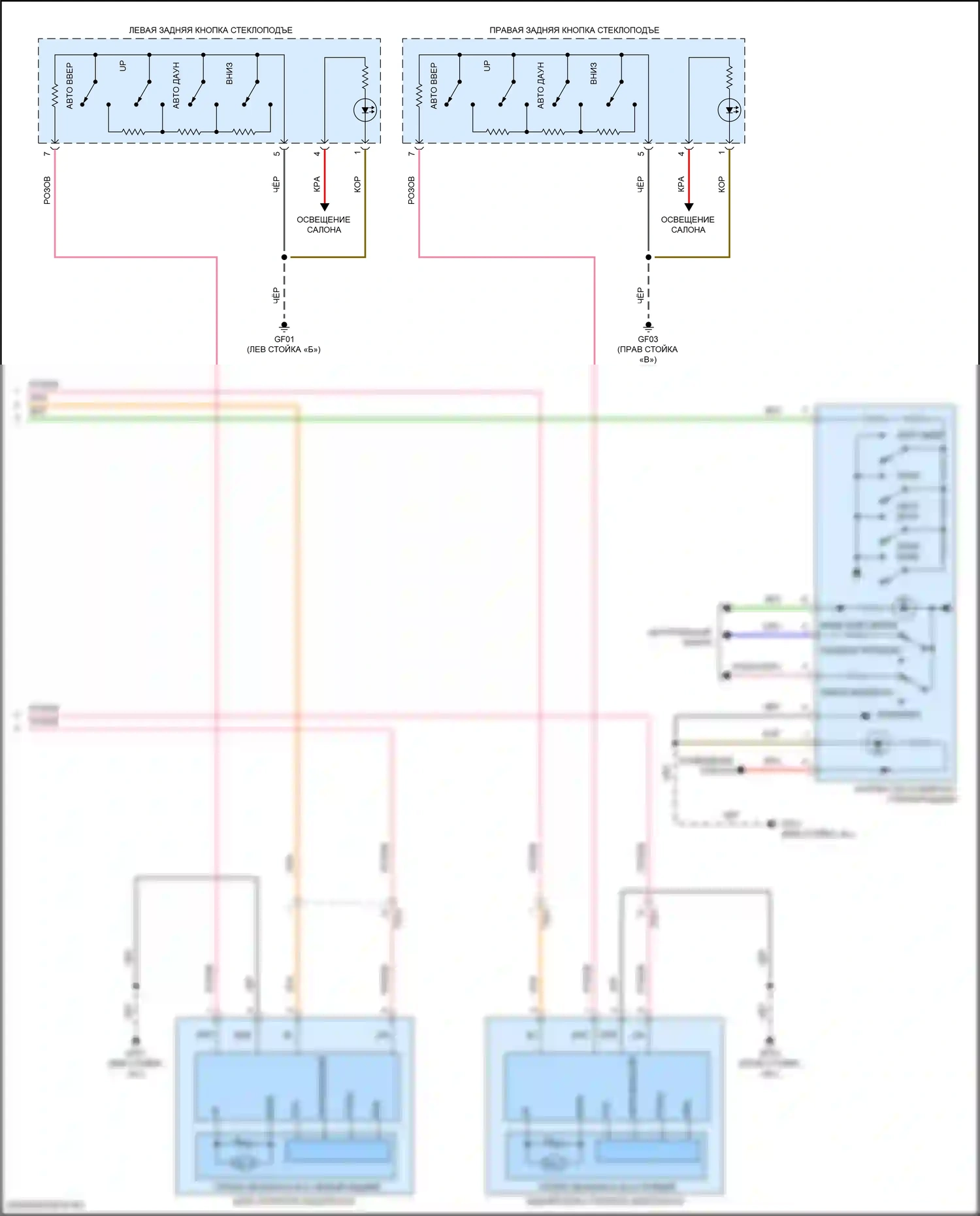 K5 Kia III (2019-2023): Электросхема стеклоподъемников, с автоматическими стеклоподъемниками водителя/пассажира/заднего сиденья и стеклоподъемниками безопасности (2 из 2) 