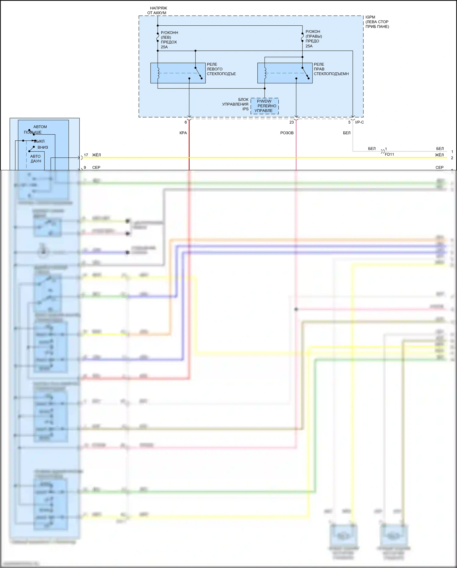 Niro Kia I рестайлинг (2019-2022): Электросхема стеклоподъемников, без имов, с автоматическим включением/выключением водителя и стеклоподъемниками безопасности (1 из 2) 