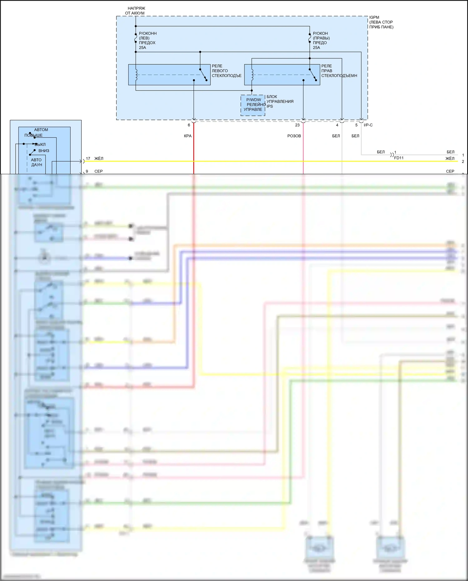 Niro Kia I рестайлинг (2019-2022): Электросхема стеклоподъемников, без имов, с автоматическим включением/выключением водителя/пассажира и стеклоподъемниками безопасности (1 из 2) 