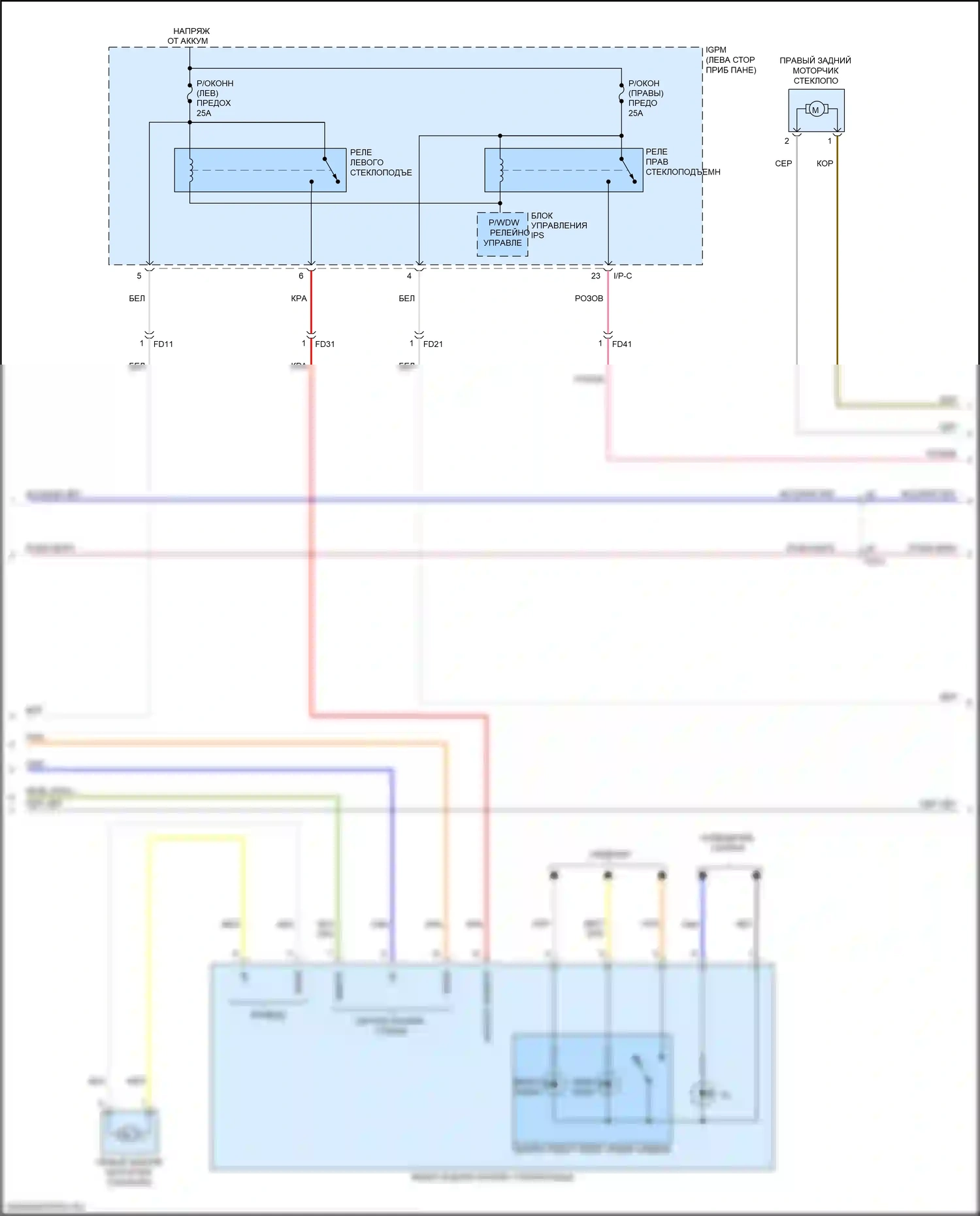 Niro Kia I рестайлинг (2019-2022): Электросхема стеклоподъемников, с ims, с автоматическим включением/выключением водителя/пассажира и стеклоподъемниками безопасности (2 из 3) 