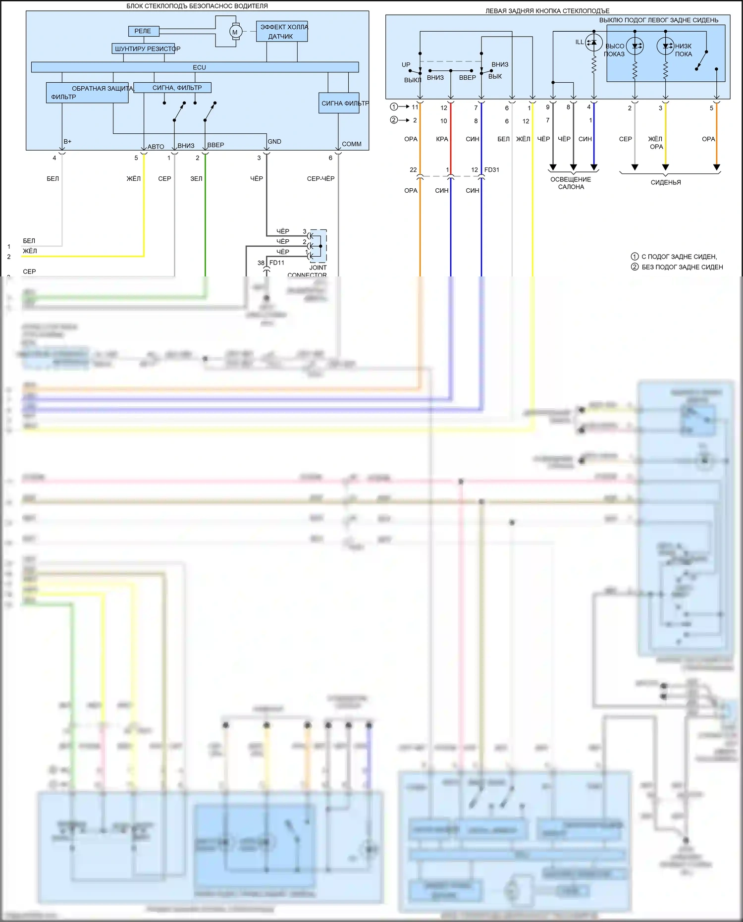 Niro Kia I (2016-2019): Электросхема стеклоподъемников, без имов, с автоматическим включением/выключением водителя/пассажира и стеклоподъемниками безопасности (2 из 2) 