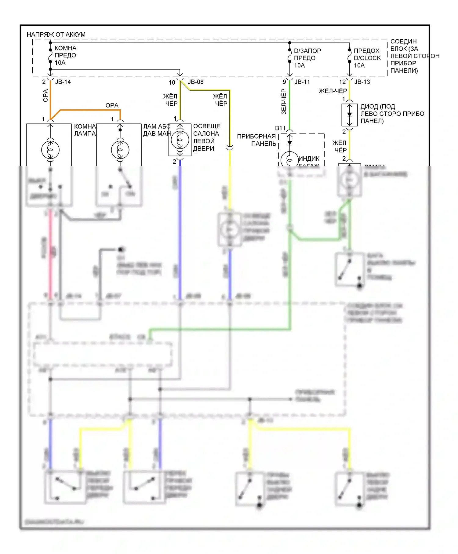 Optima Kia I рестайлинг (2002-2005): Электросхема освещения салона, без люка 