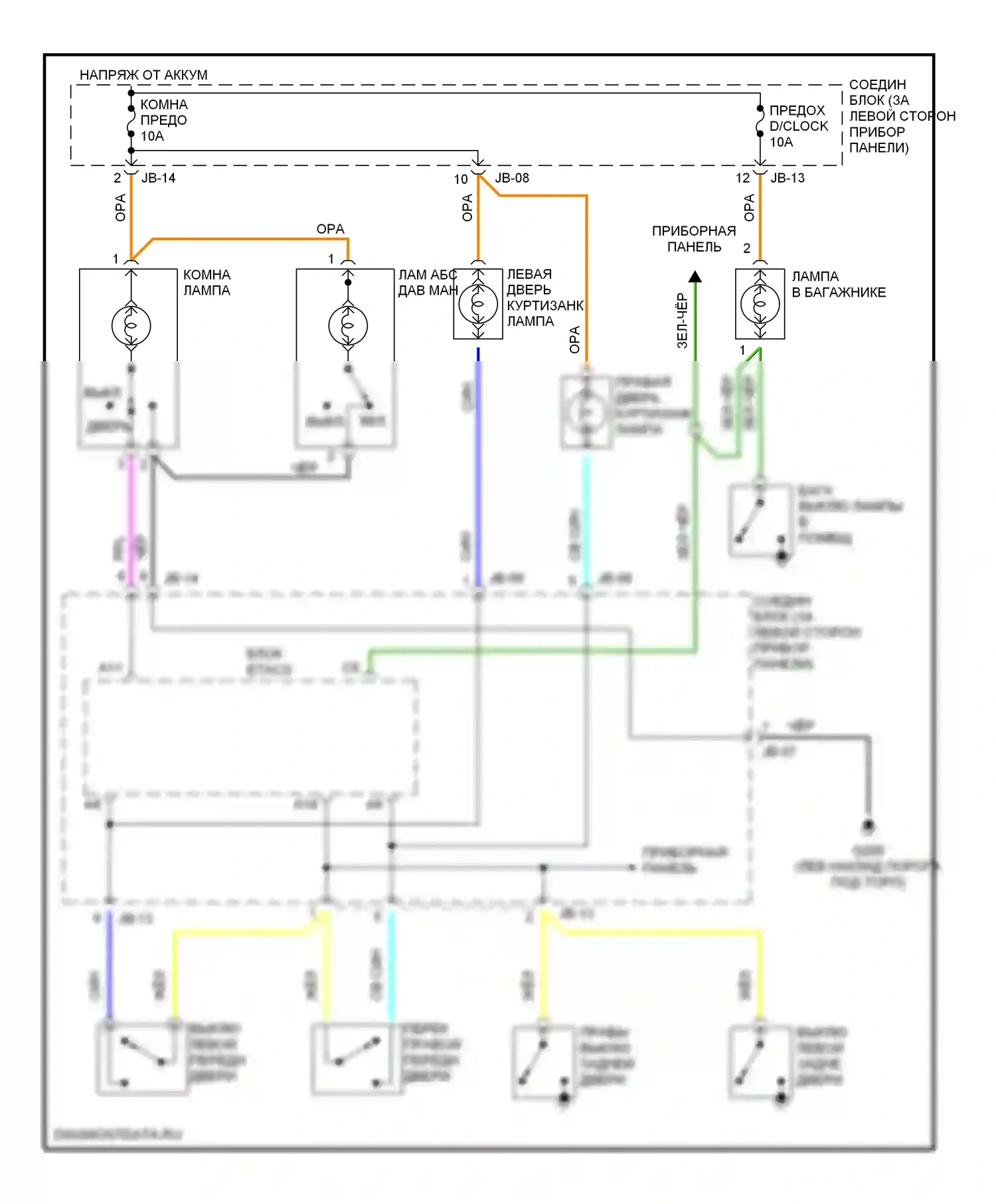Optima Kia I (2000-2002): Электросхема освещения салона, без люка 