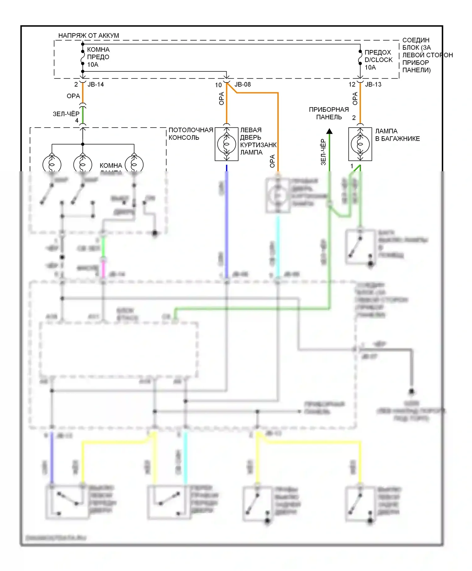 Optima Kia I (2000-2002): Электросхема освещения салона, с люком 