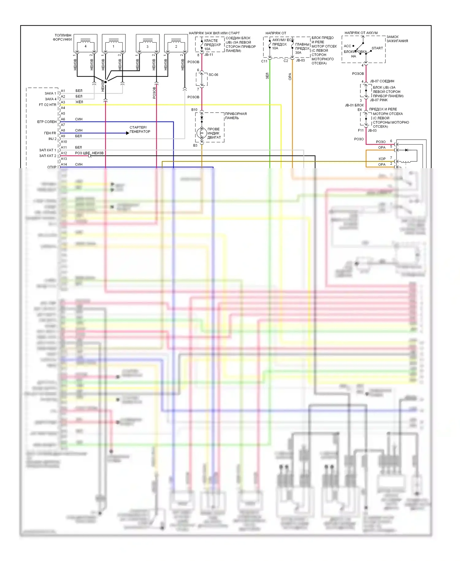 Optima Kia II (2005-2008): Электросхема двигателя 2.4л, автоматическая коробка передач раннего выпуска (1 из 4) 