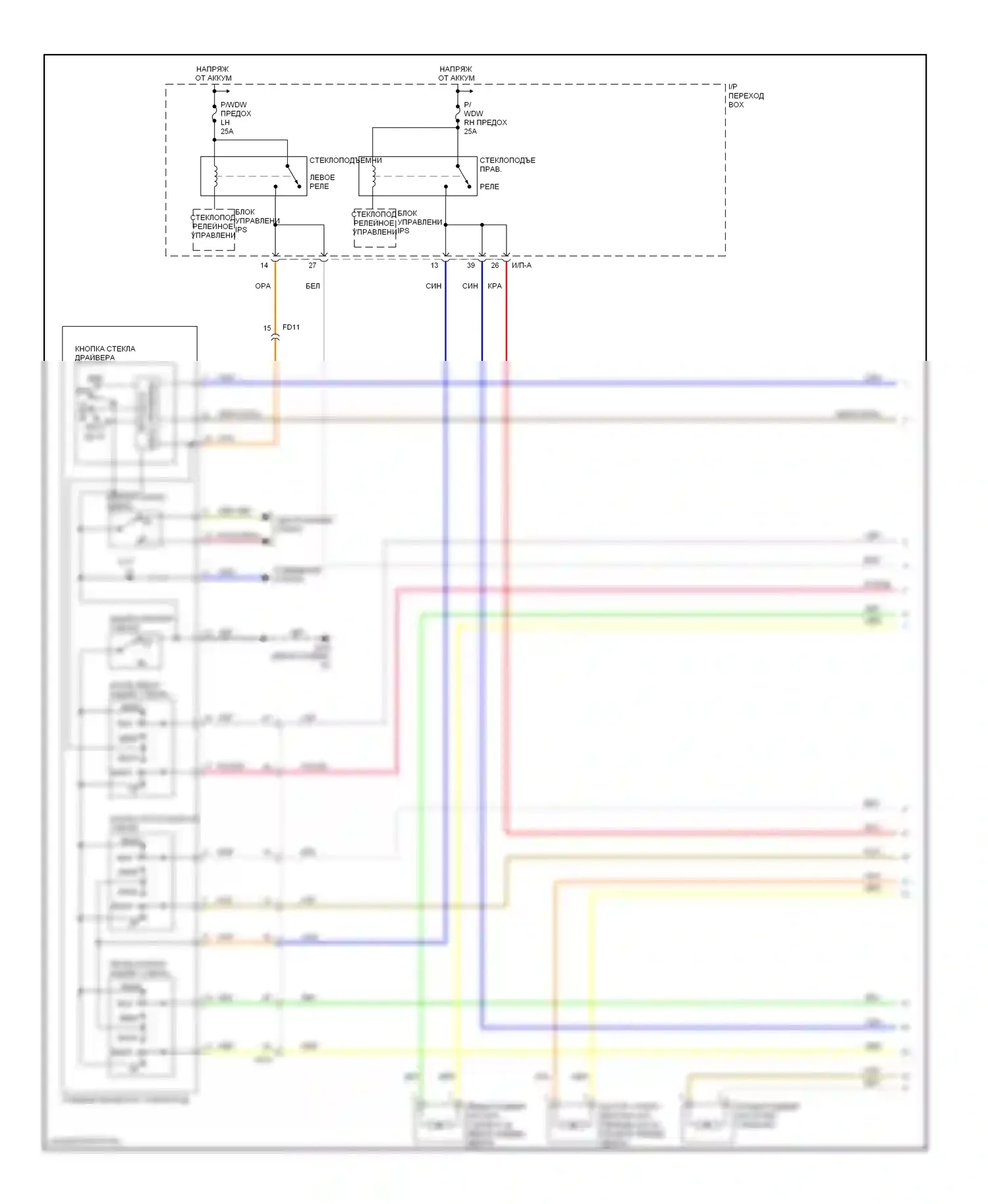 Optima Kia III (2010-2013): Электросхема стеклоподъемников, без стеклоподъемников безопасности водителя (1 из 2) 