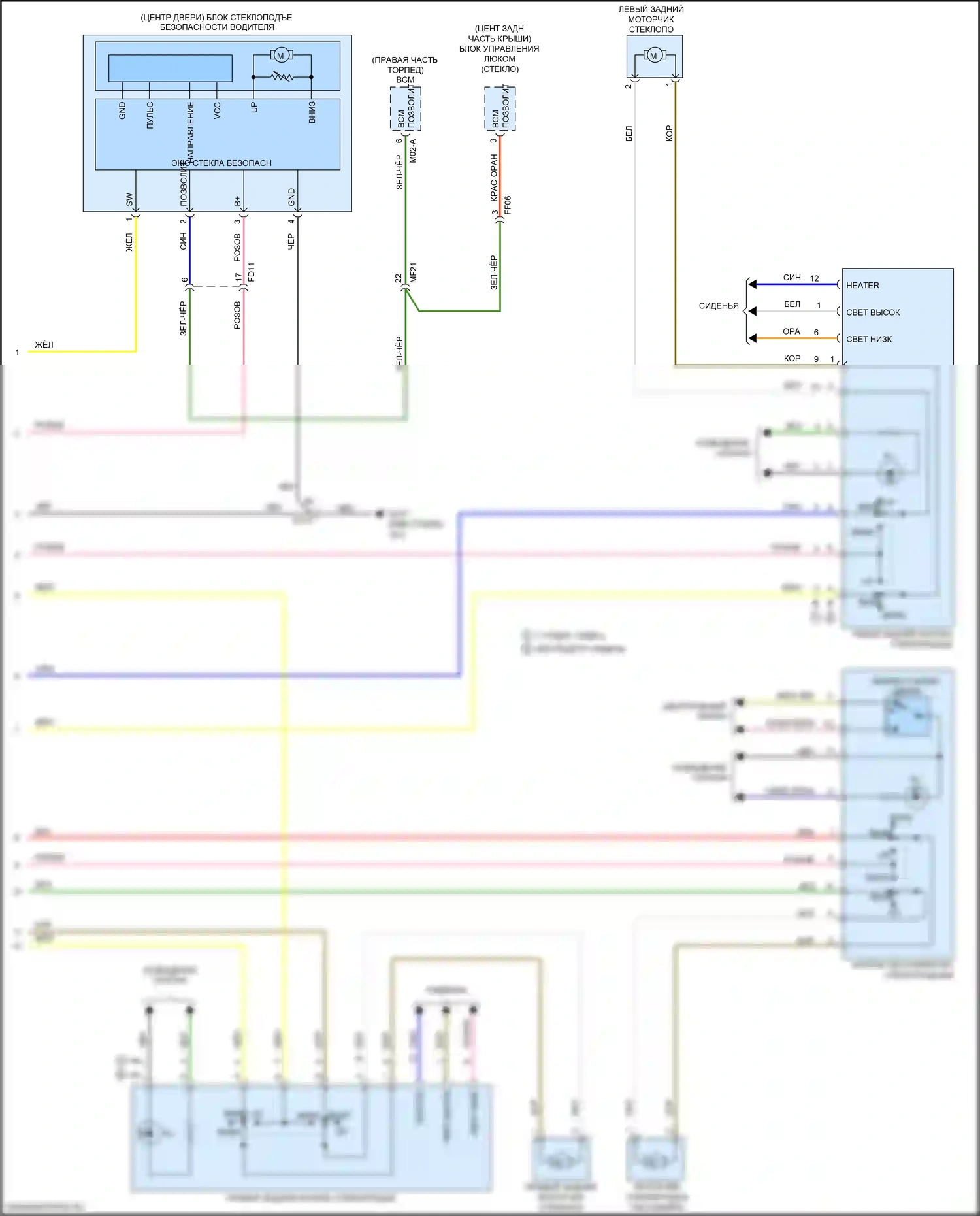 Optima Kia IV рестайлинг (2018-2020): Электросхема стеклоподъемников, за исключением гибридного без имс, с автоматическим включением/выключением водителя и стеклоподъемниками безопасности (2 из 2) 