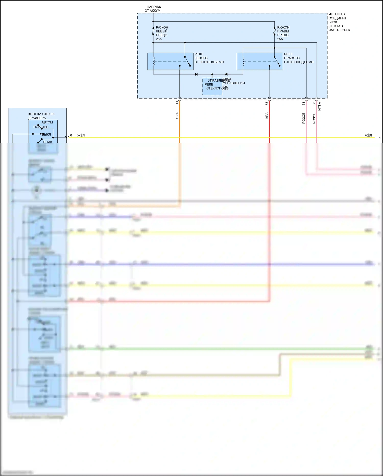 Optima Kia IV рестайлинг (2018-2020): Электросхема стеклоподъемников, за исключением гибридного без имс, с автоматическим включением/выключением водителя/пассажира и стеклоподъемниками безопасности (1 из 2) 