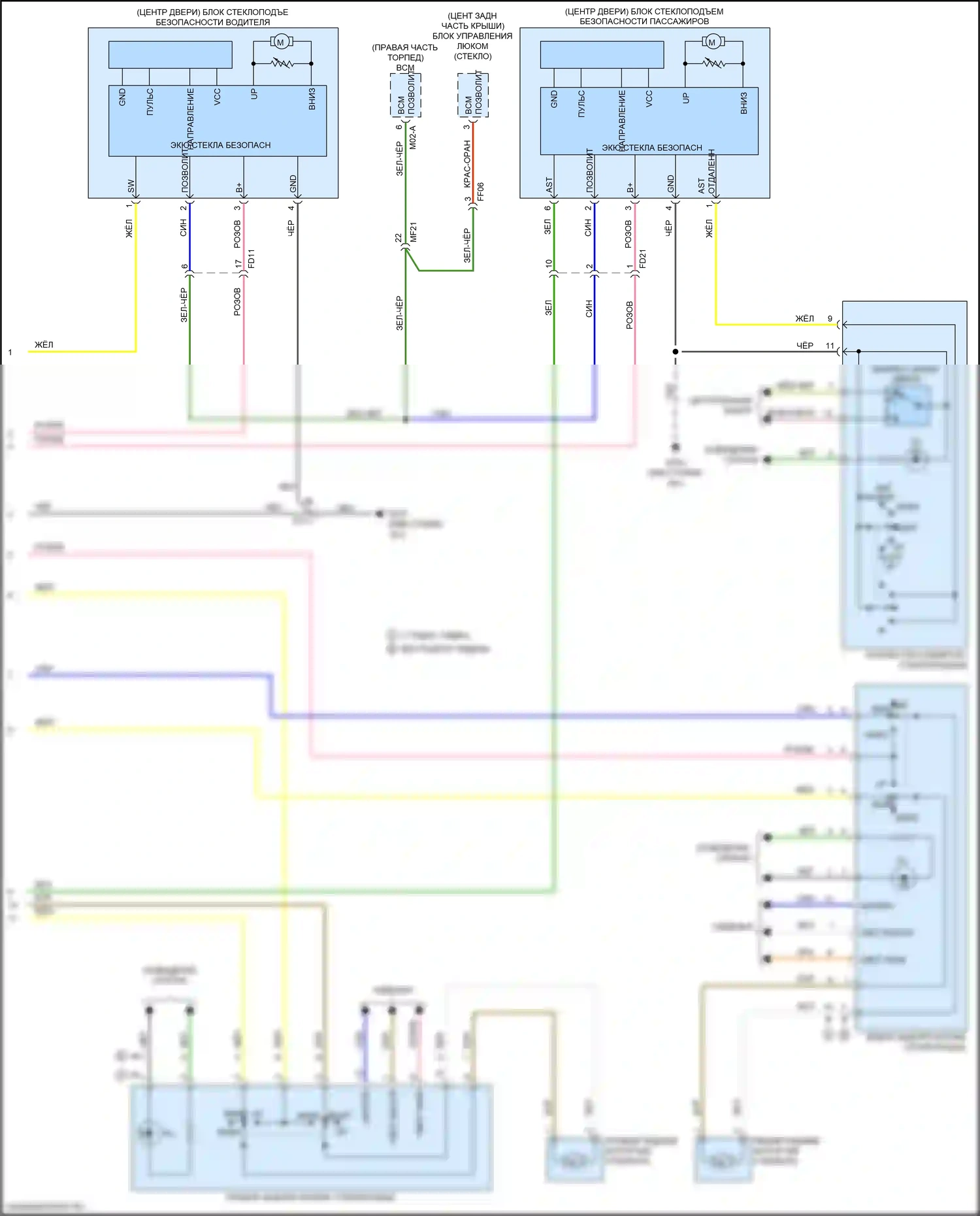 Optima Kia IV рестайлинг (2018-2020): Электросхема стеклоподъемников, за исключением гибридного без имс, с автоматическим включением/выключением водителя/пассажира и стеклоподъемниками безопасности (2 из 2) 