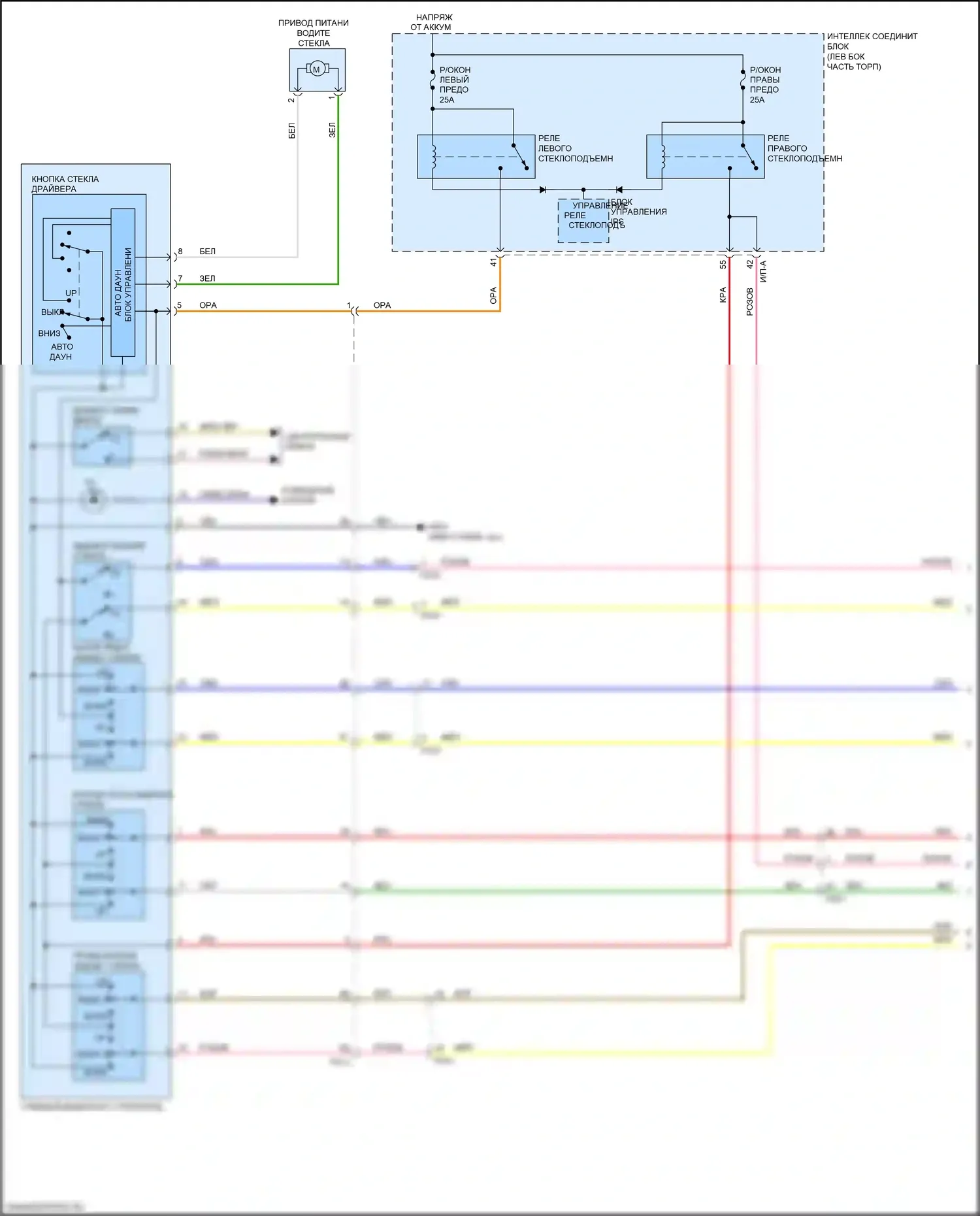 Optima Kia IV рестайлинг (2018-2020): Электросхема стеклоподъемников, за исключением гибридного с автоматическим отключением водителя (1 из 2) 