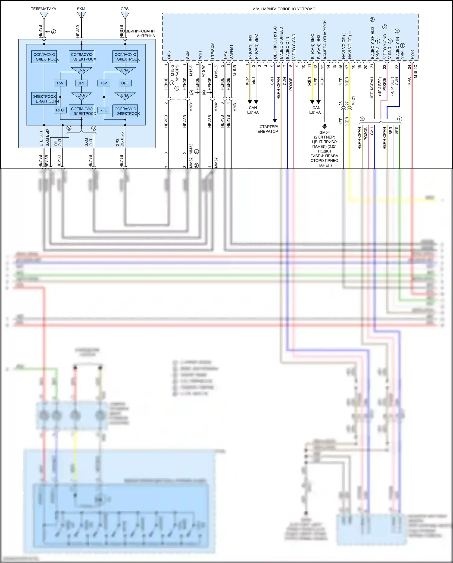 Optima Kia IV (2015-2018): Электросхема магнитолы, подключение гибридной системы с навигацией (2 из 4) 