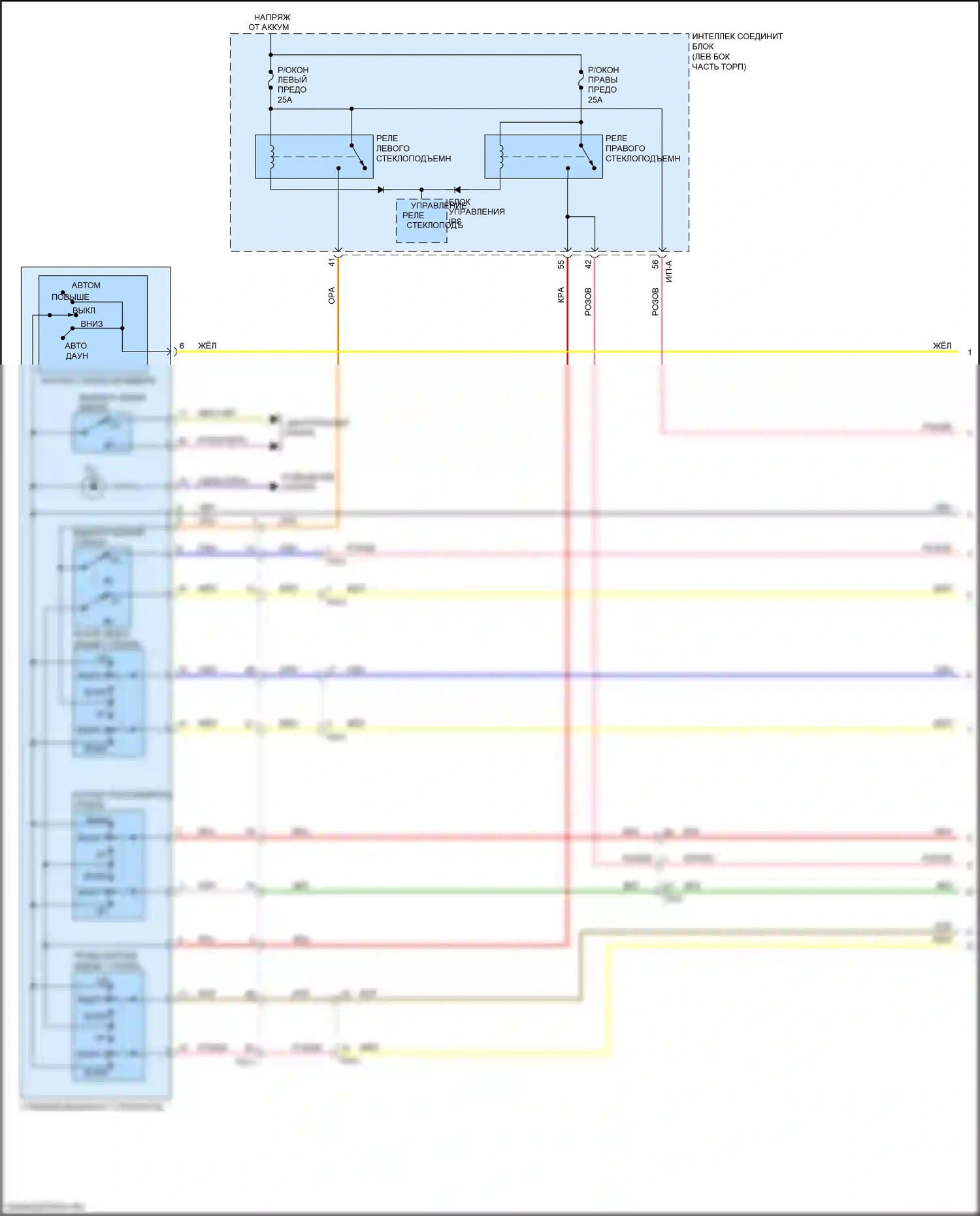 Optima Kia IV (2015-2018): Электросхема стеклоподъемников, за исключением гибридного без имс, с автоматическим включением/выключением водителя и стеклоподъемниками безопасности (1 из 2) 