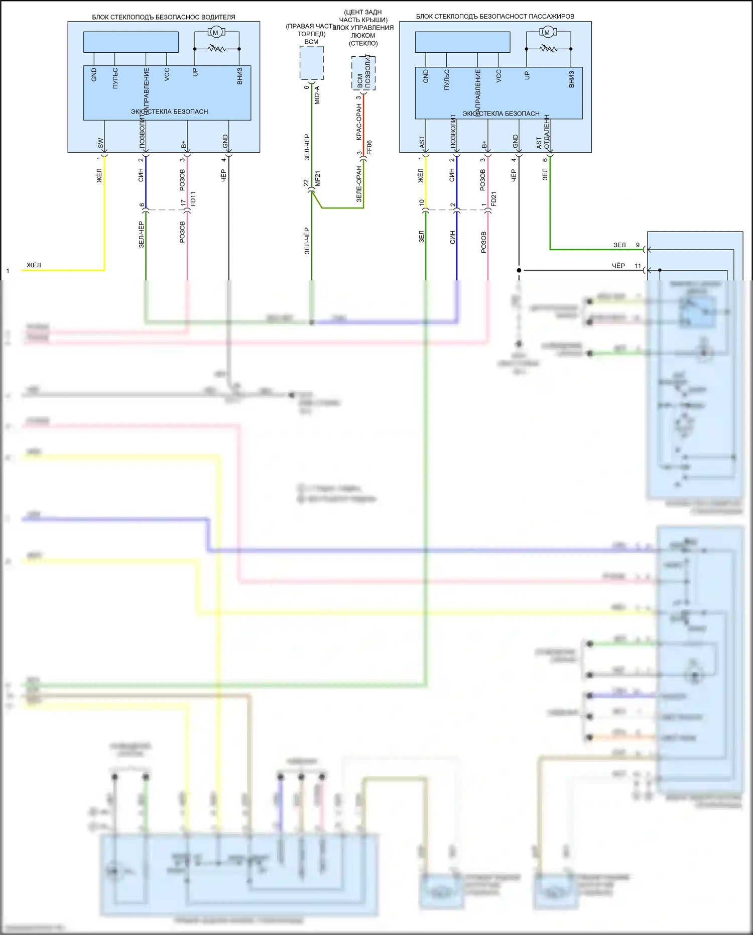 Optima Kia IV (2015-2018): Электросхема стеклоподъемников, за исключением гибридного без имс, с автоматическим включением/выключением водителя/пассажира и стеклоподъемниками безопасности (2 из 2) 