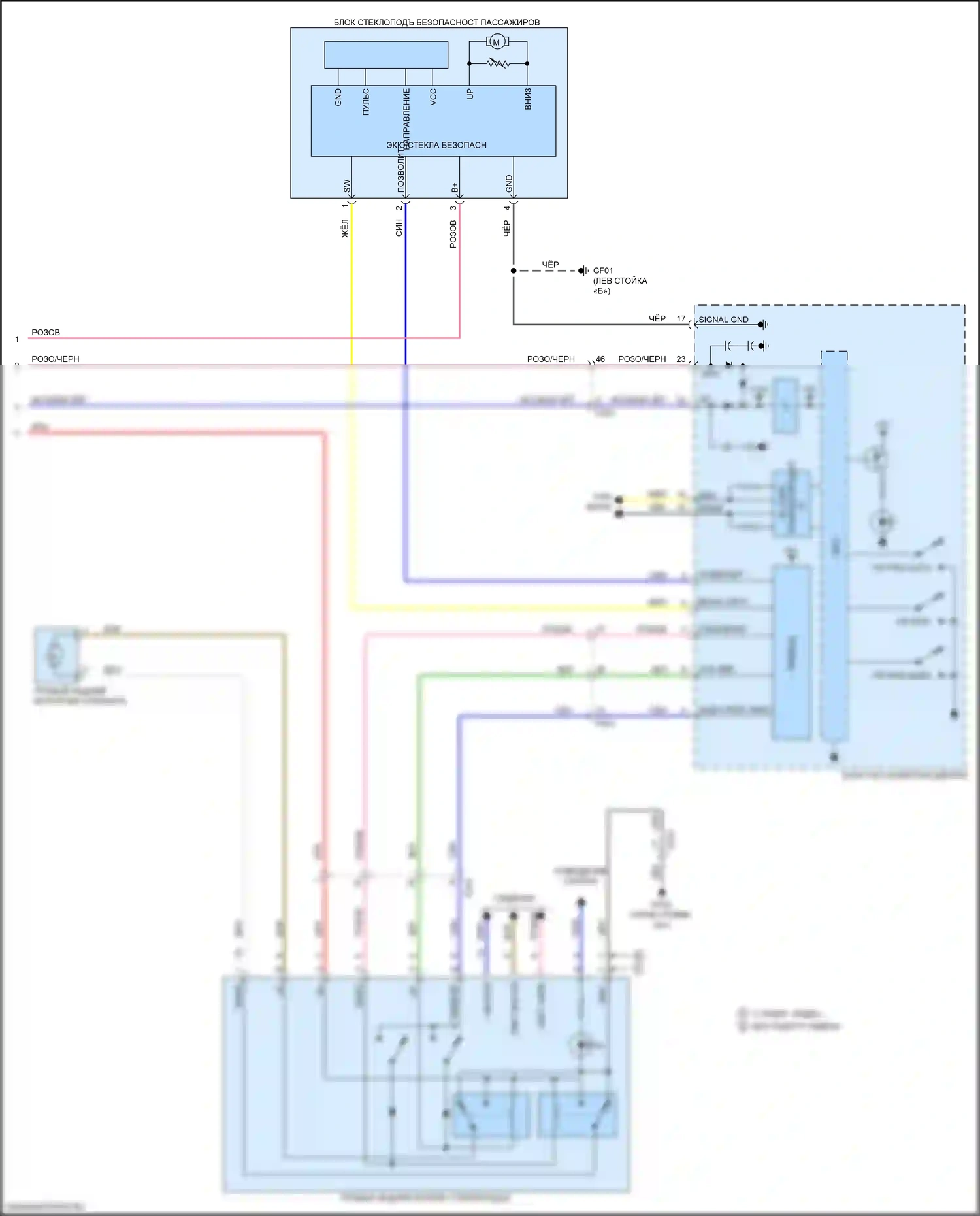 Optima Kia IV (2015-2018): Электросхема стеклоподъемников, за исключением гибридного с ims, с автоматическим включением/выключением водителя/пассажира и стеклоподъемниками безопасности (2 из 2) 