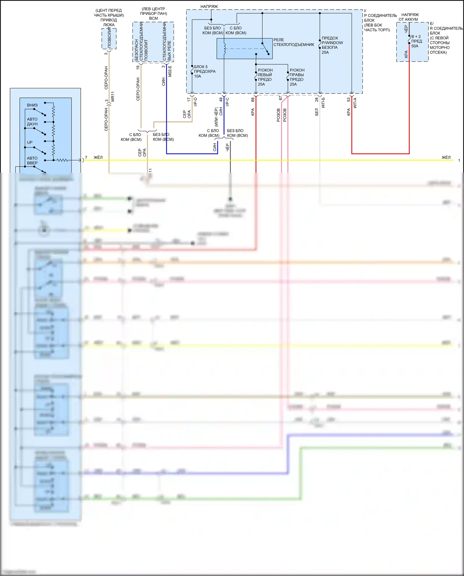 Rio X-Line Kia I (2017-2020): Электросхема стеклоподъемников, с автоматическим включением/выключением драйвера и стеклоподъемниками безопасности (1 из 2) 