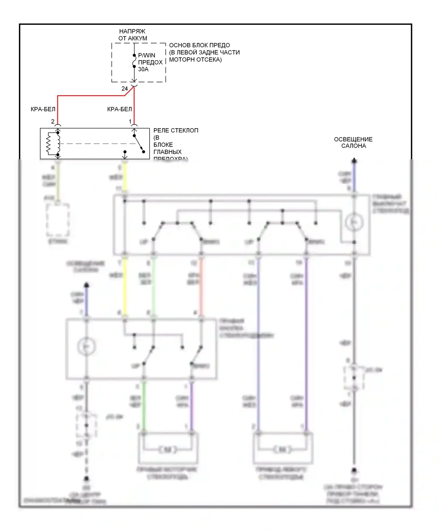 Rio Kia I рестайлинг (2002-2005): Электросхема стеклоподъемников, без задних стеклоподъемников 