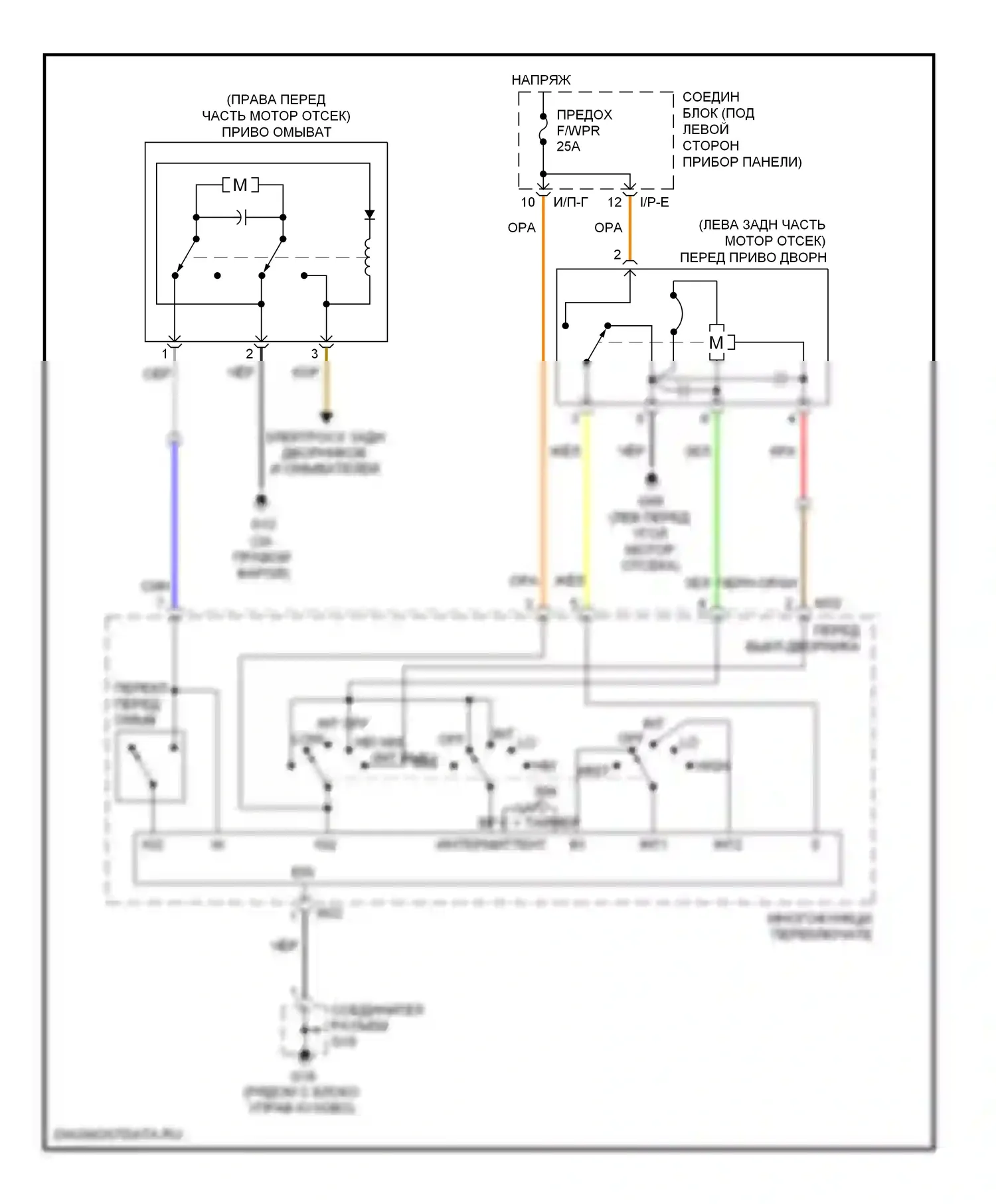 Rio Kia II рестайлинг (2009-2011): Электросхема передних дворников и омывателей 