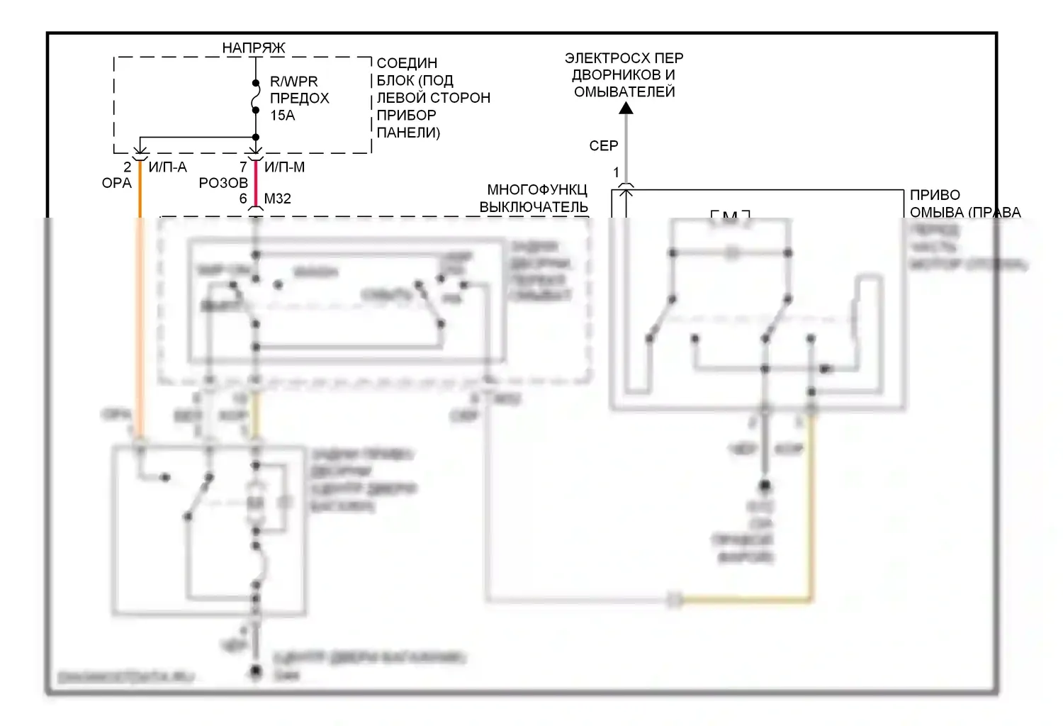 Rio Kia II рестайлинг (2009-2011): Электросхема задних дворников и омывателей 