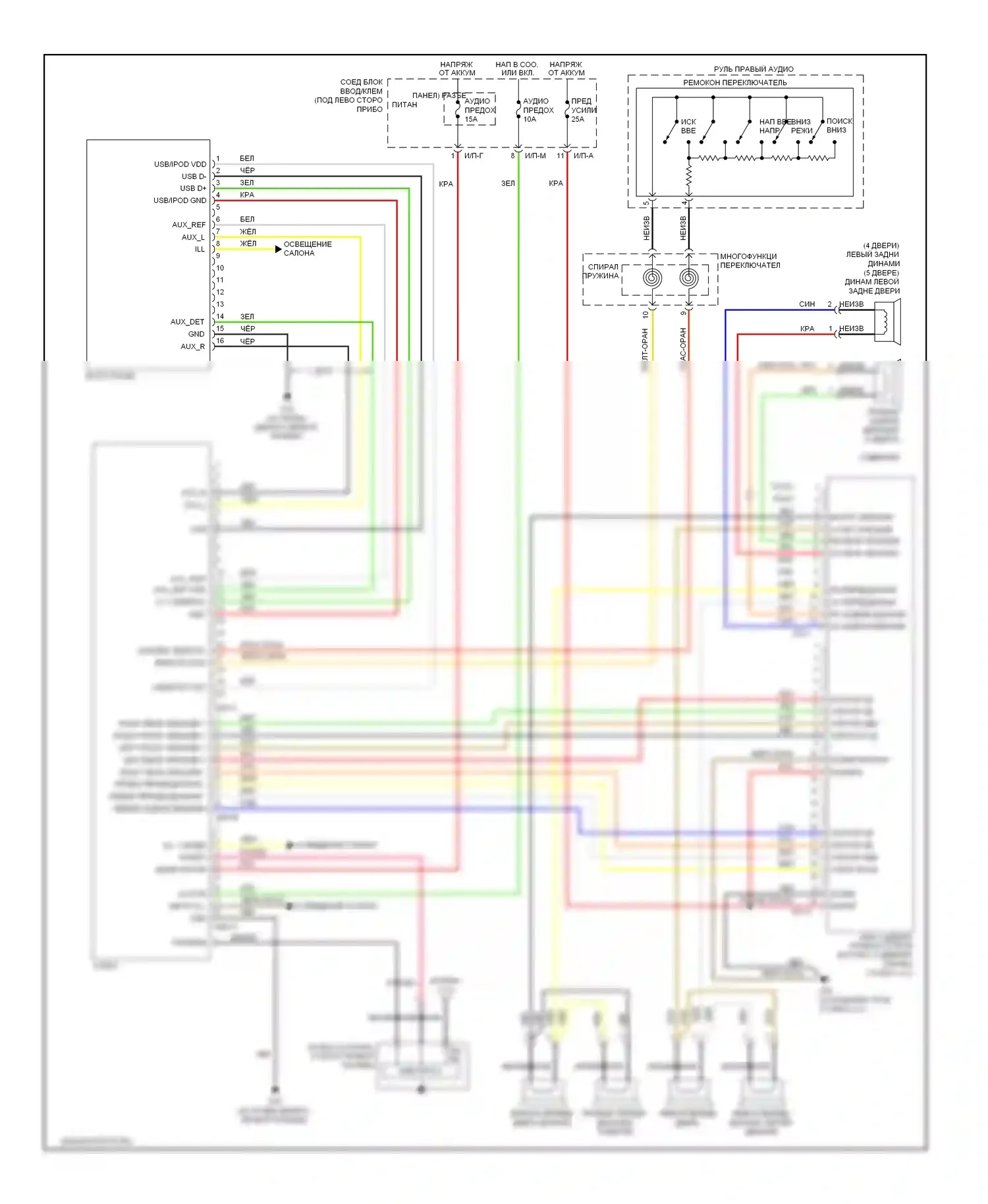Rio Kia II рестайлинг (2009-2011): Электросхема магнитолы, с усилителем 