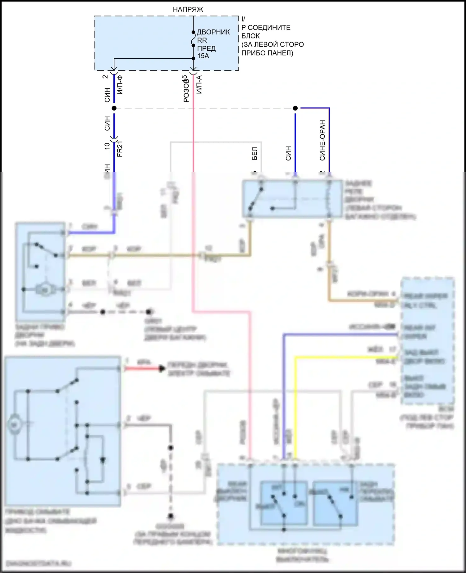 Rio Kia III (2011-2015): Электросхема задних дворников и омывателей, 5 дверей 