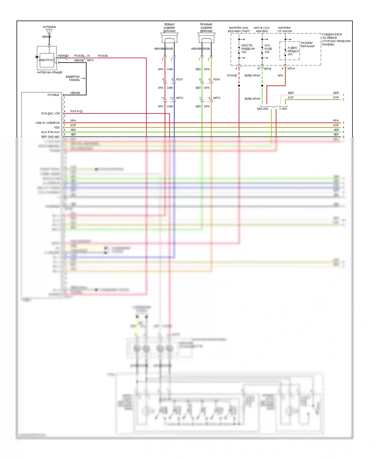 Rio Kia III (2011-2015): Электросхема аудио платформы, без навигации (1 из 2) 