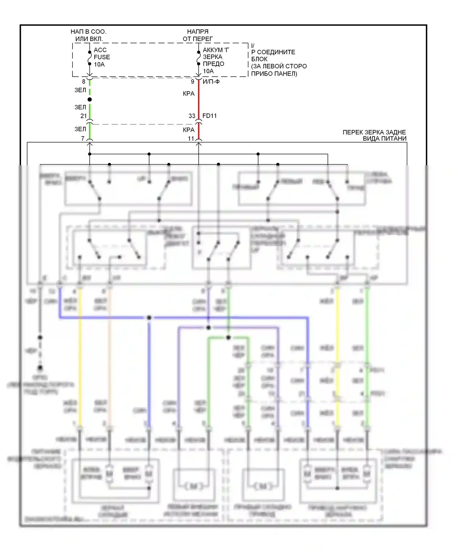 Rio Kia III (2011-2015): Электросхема управления зеркалами заднего вида, с откидными зеркалами 
