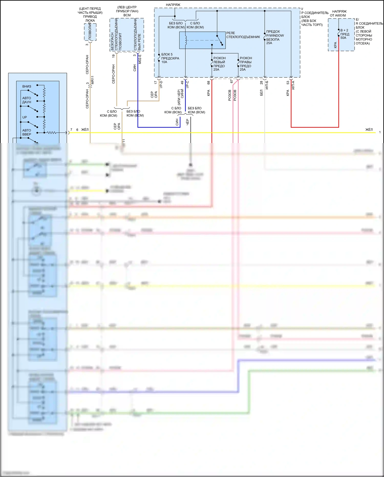 Rio Kia IV рестайлинг (2020-2024): Электросхема стеклоподъемников, с автоматическим включением/выключением драйвера и стеклоподъемниками безопасности (1 из 2) 