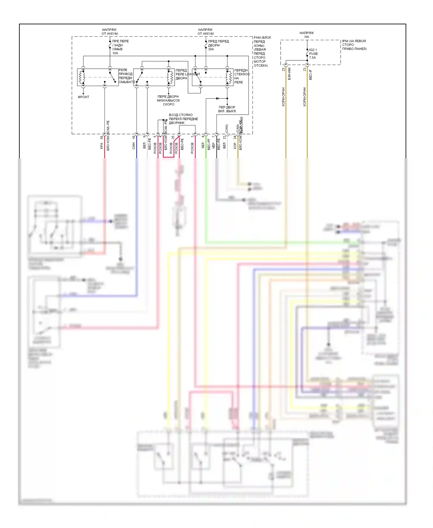 Sedona Kia II рестайлинг (2010-2014): Электросхема передних дворников и омывателей с датчиком дождя 