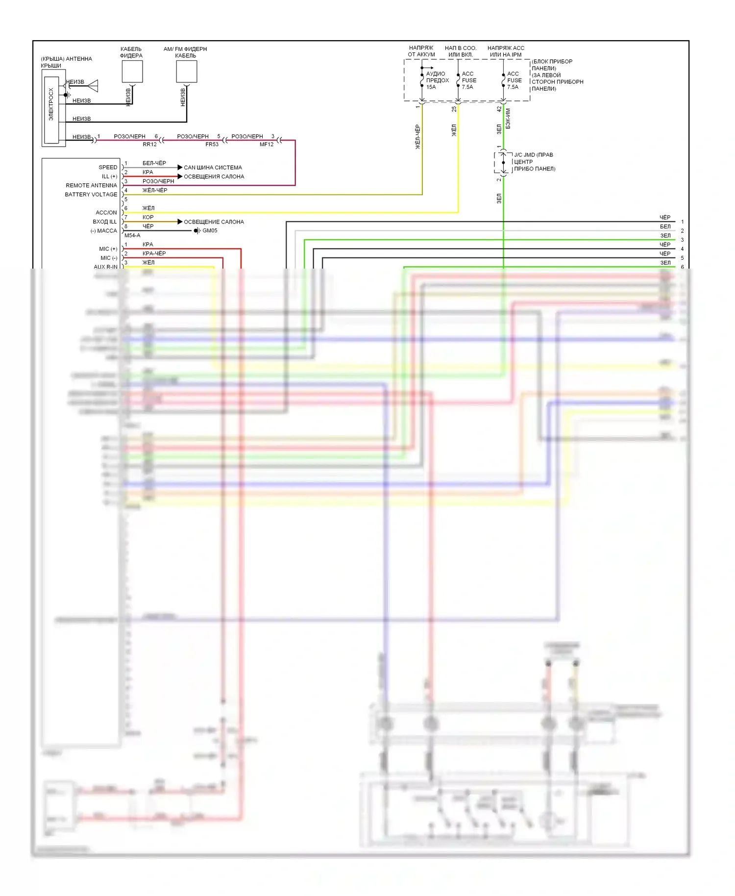 Sedona Kia II рестайлинг (2010-2014): Электросхема магнитолы премиум-класса, без навигации, без мультимедий на заднем сиденье (1 из 2) 
