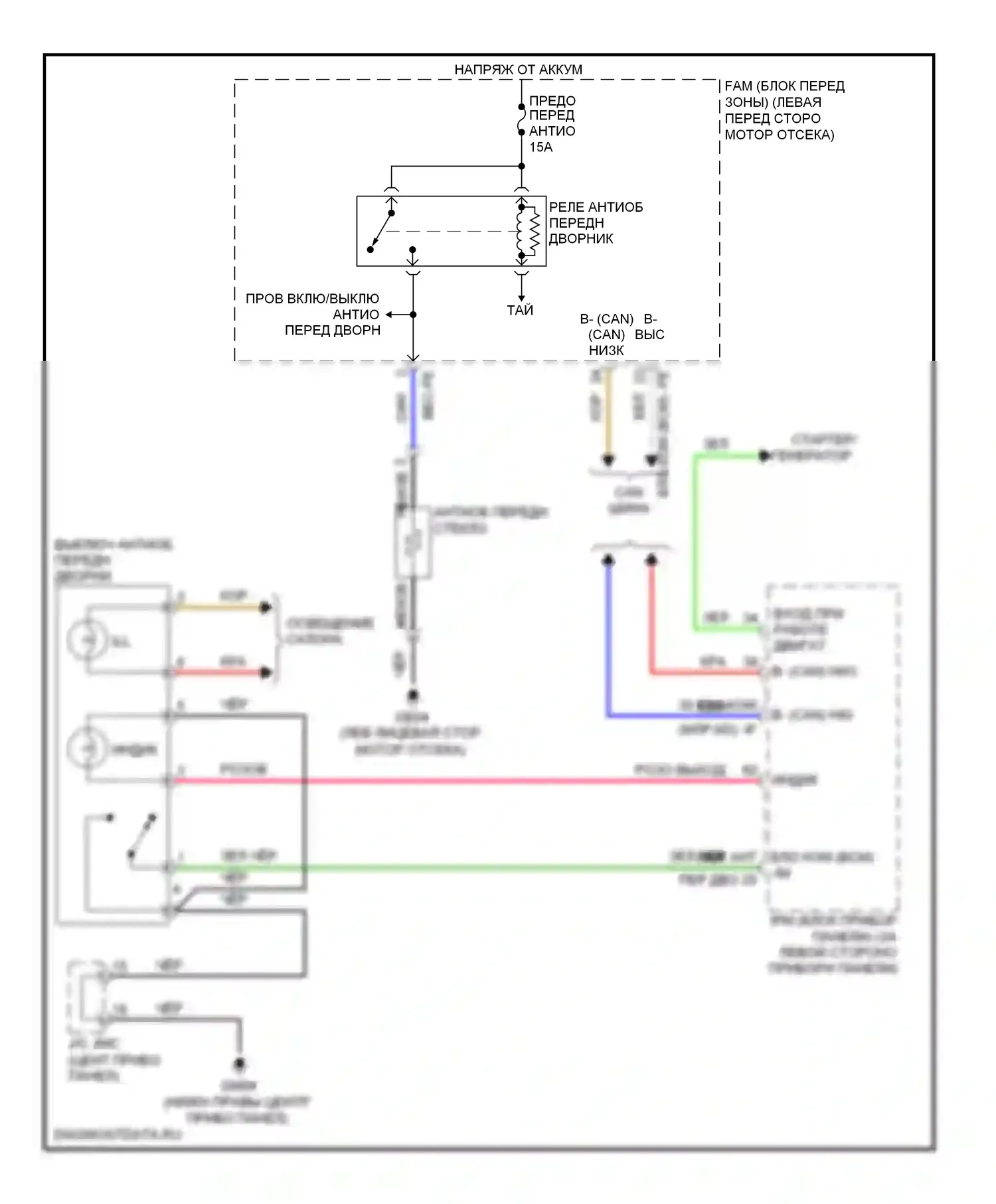 Sedona Kia II рестайлинг (2010-2014): Электросхема антиобледенителя переднего дворника 