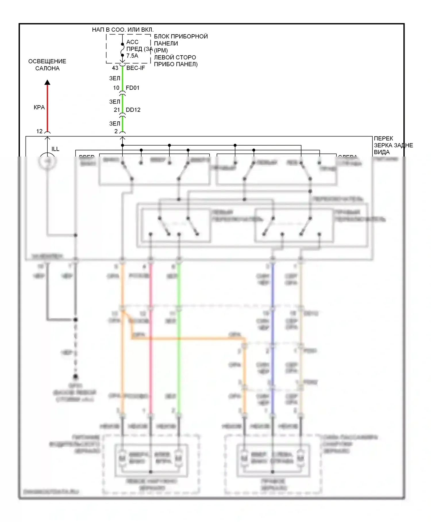Sedona Kia II рестайлинг (2010-2014): Электросхема силового зеркала, без имс 