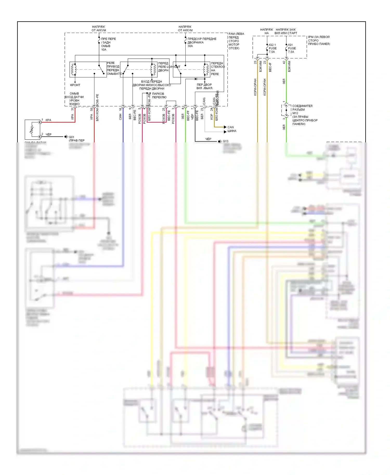 Sedona Kia II (2005-2010): Электросхема передних дворников и омывателей 
