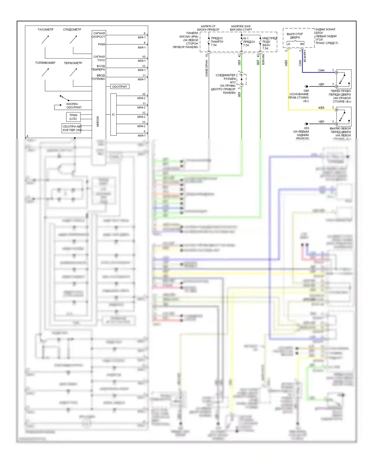 Sedona Kia II (2005-2010): Электросхема приборной панели, без супер-видения 